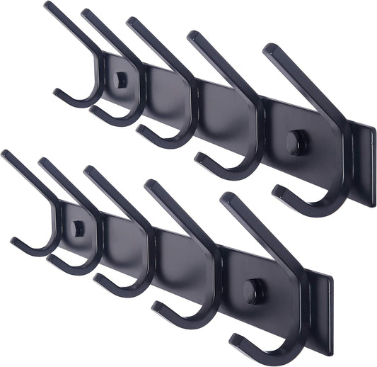 WEBI Coat Rack Wall Mounted,5 Coat Hooks for Hanging Coats,Heavy Duty Metal Double Hook Rack Hook Rail Coat Hanger Wall Mount for Clothes Entryway Jacket,Black,2 Packs