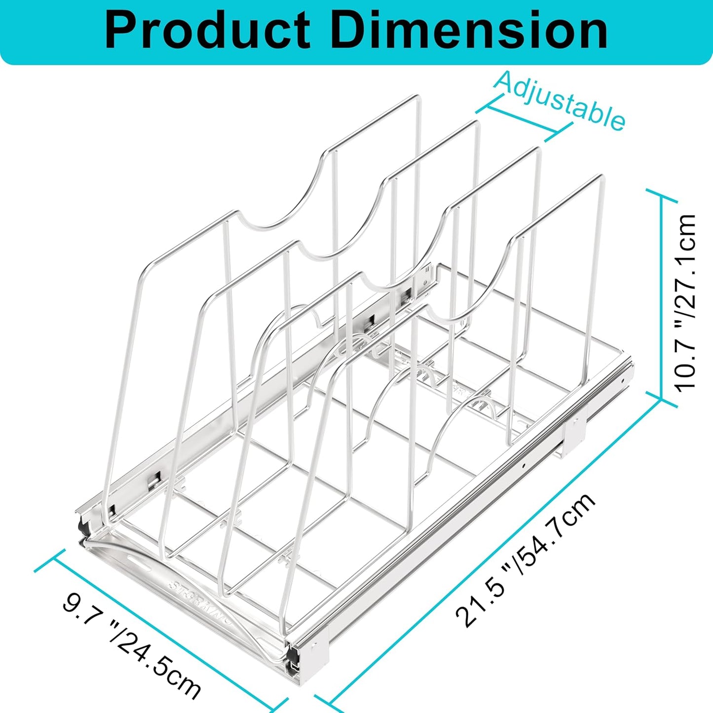 Pull Out Cookie Sheet Organizer for Cabinet, Pan and Pot, Cutting Board, Bakeware, Tray Organizer Rack, Sliding Rack- Heavy Duty, Adjustable Divider Width, 10" W x 22" D x 11" H, Chrome