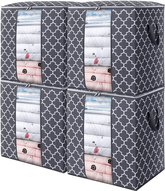 WISELIFE Storage Bags 4 Pack/100L Large Blanket Clothes Organization and Storage Containers for Comforters,Bedding, Foldable Organizer with Reinforced Handle, Clear Window, Sturdy Zippers,Gray