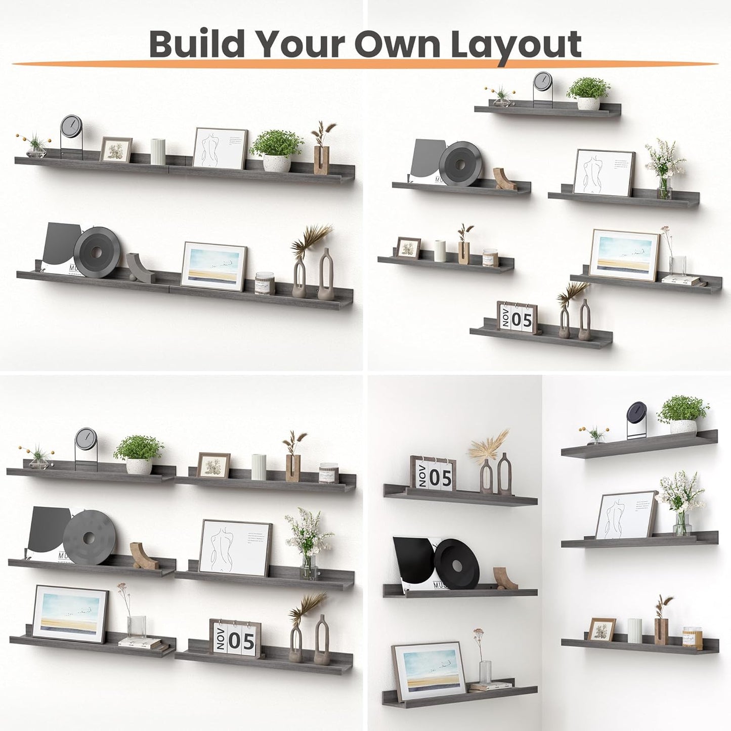 upsimples Floating Shelves for Wall, 23.6 Inch Shelves for Decor Storage Set of 6, Wall Mounted Wood Shelf for Bedroom, Living Room, Bathroom, Kitchen, Long Picture Ledge Shelves, Grey