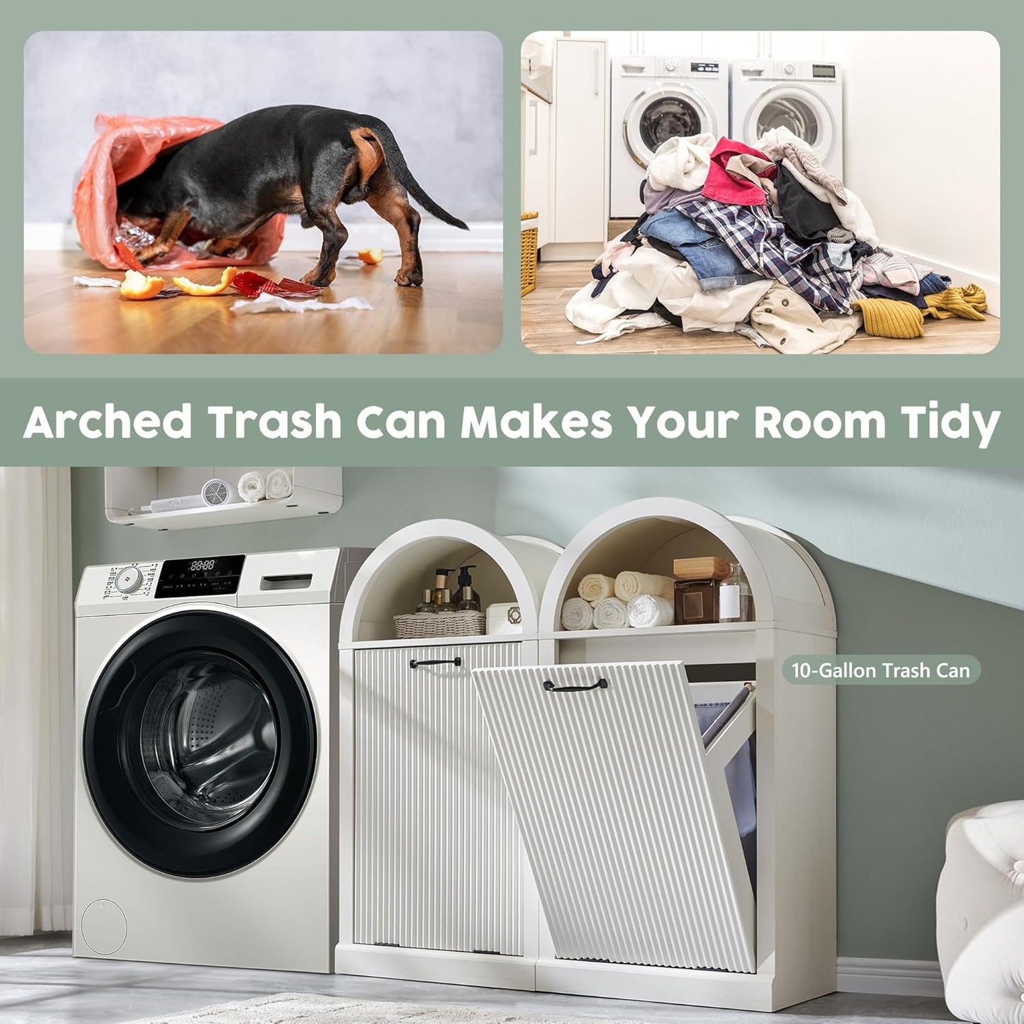 Arched Tilt-Out Trash Can Cabinet, Fluted 10 Gallon Trash Cabinet Set of 2, Modern Laundry Hamper, Hidden Garbage Can with Storage Basket for Kitchen, Living Room, White