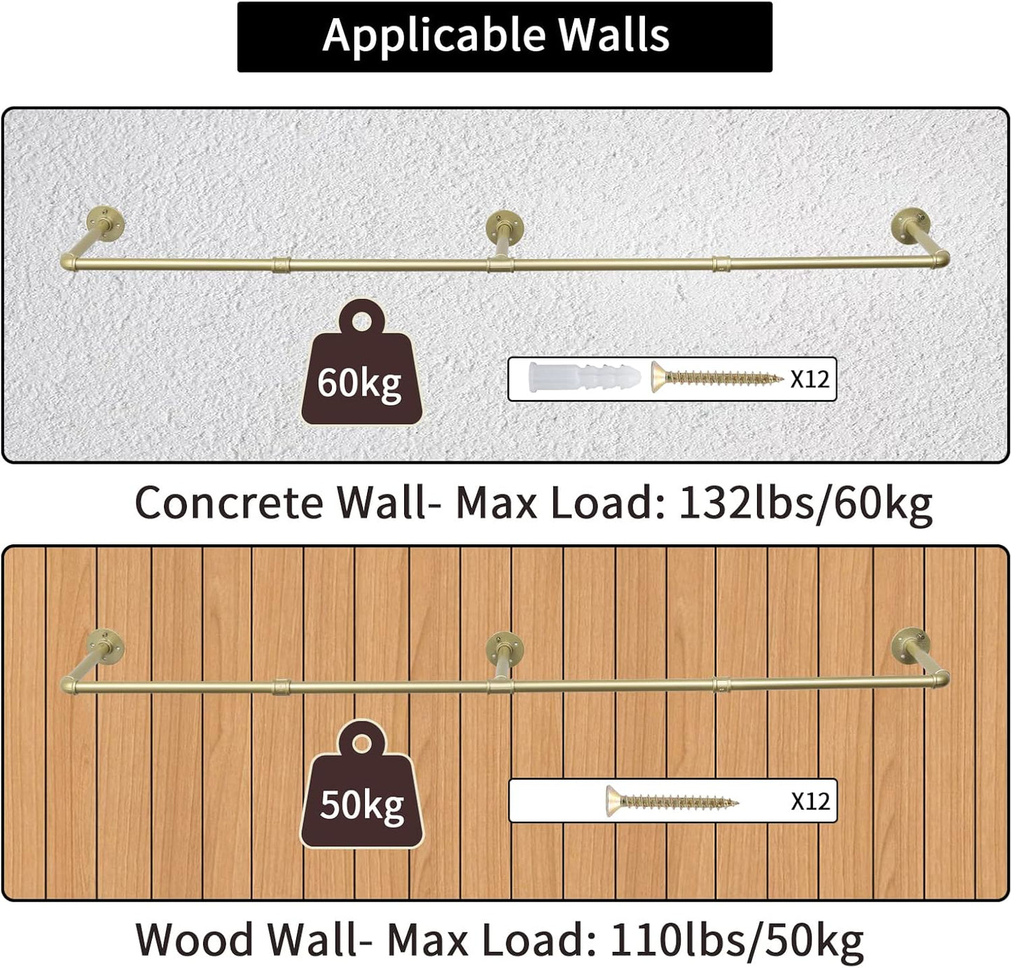 Oroonoko 72inch Gold Wall Mounted Clothes Rack, Industrial Pipe Garment Rack Hanging Rod Bar for Closet Storage,Laundry Room Up to Max Load 132lbs(Gold)