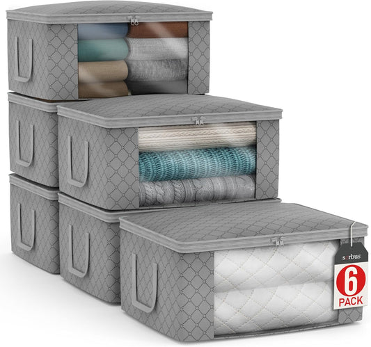 Sorbus Medium Clothes Storage Bags - Foldable Blanket Storage Bins for Organizing Bedroom, Closet, Clothing, Comforter, Organization with Clear Window, Lids and Carry Handles - Set of 6