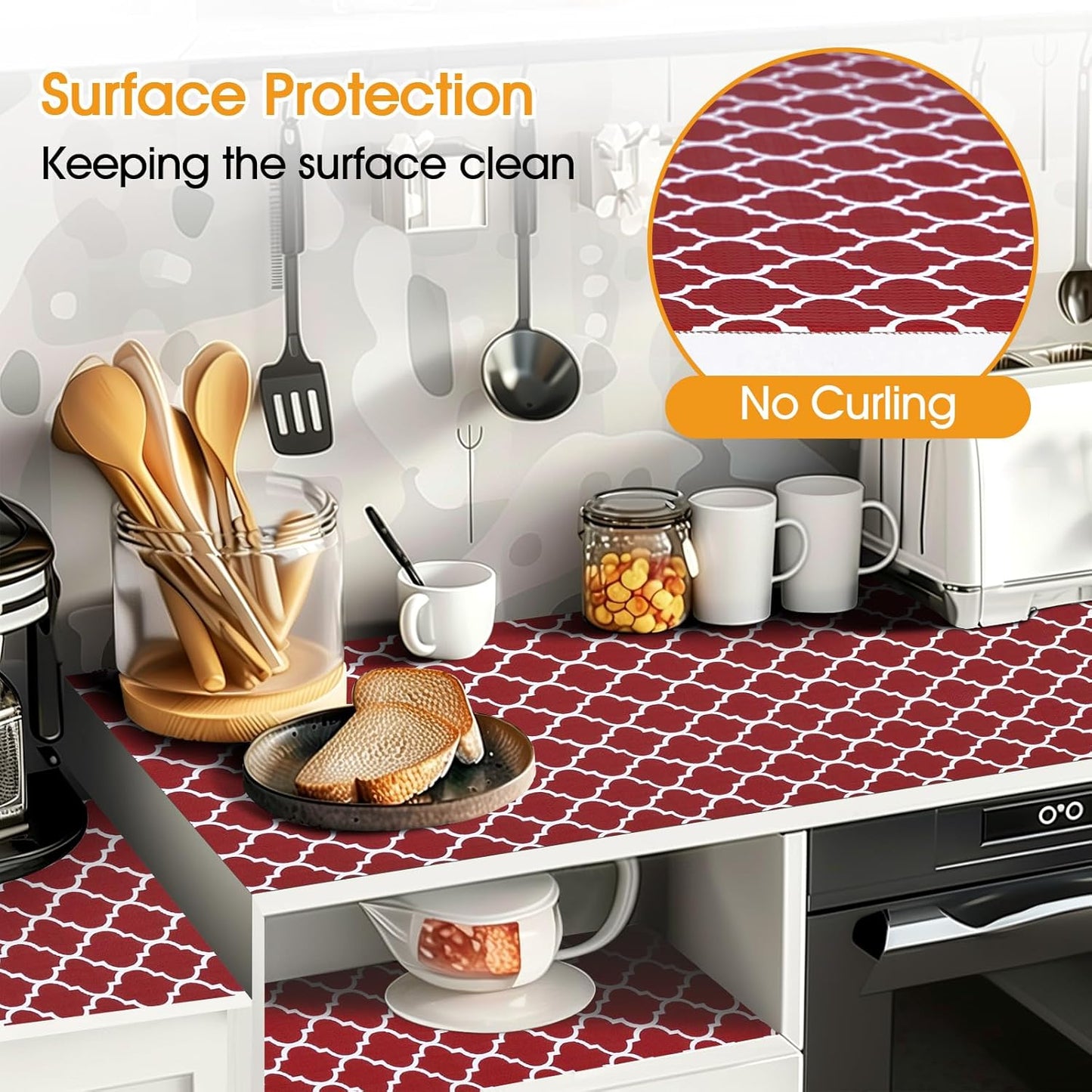 Shelf and Drawer Liner for Kitchen Cabinets Non-Adhesive, Strong Grip Non-Slip Thickened Cabinet Liners for Shelves, Waterproof Mats for Dresser Cupboard, Red/White, 23 in x 10 Feet