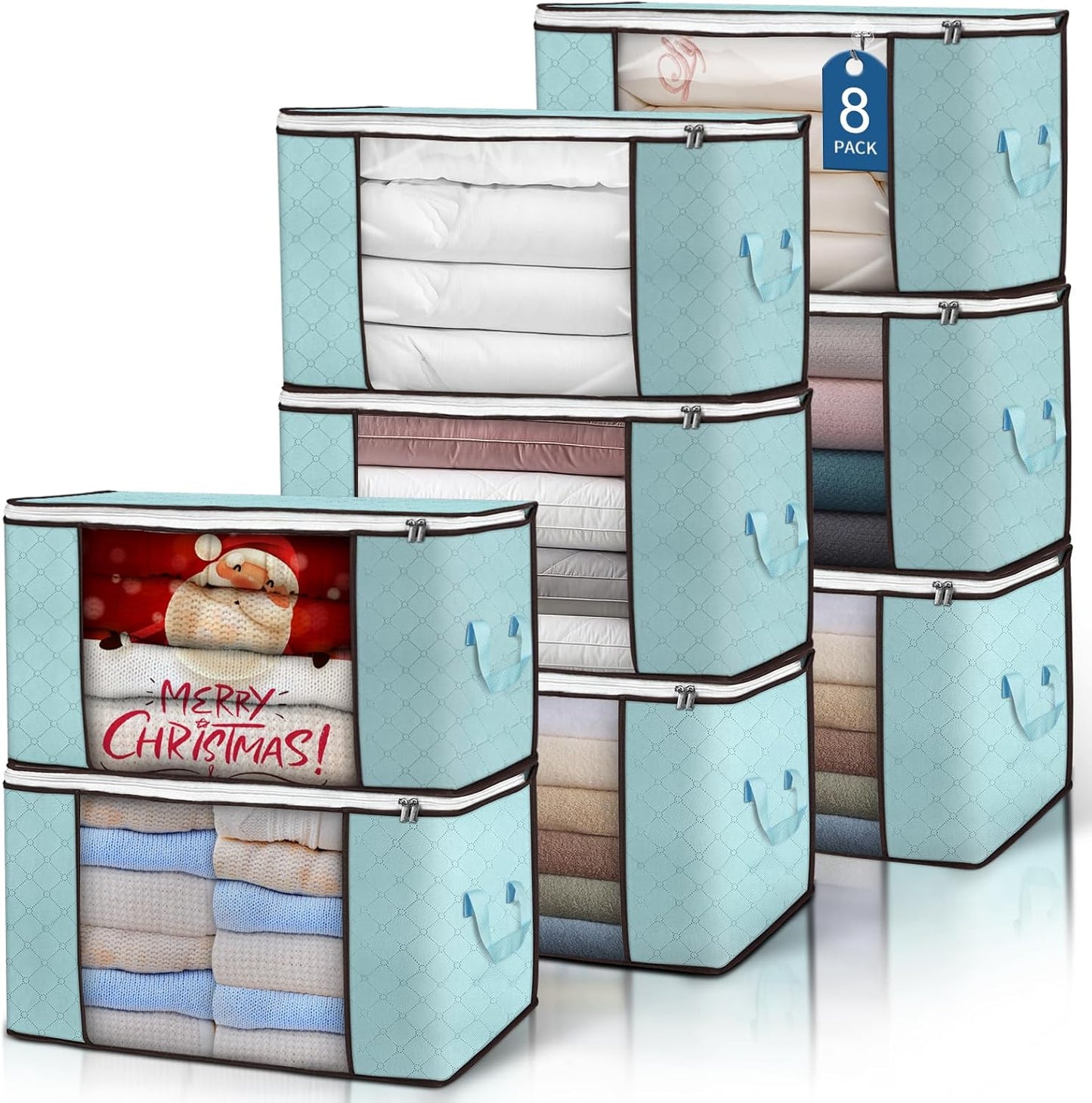 Budding Joy 90L Large Storage Bags, 8 Pack Clothes Storage Bins Foldable Closet Organizer Storage Containers with Durable Handles Storage and Organization, Blanket, Pillows and Toys (Blue)