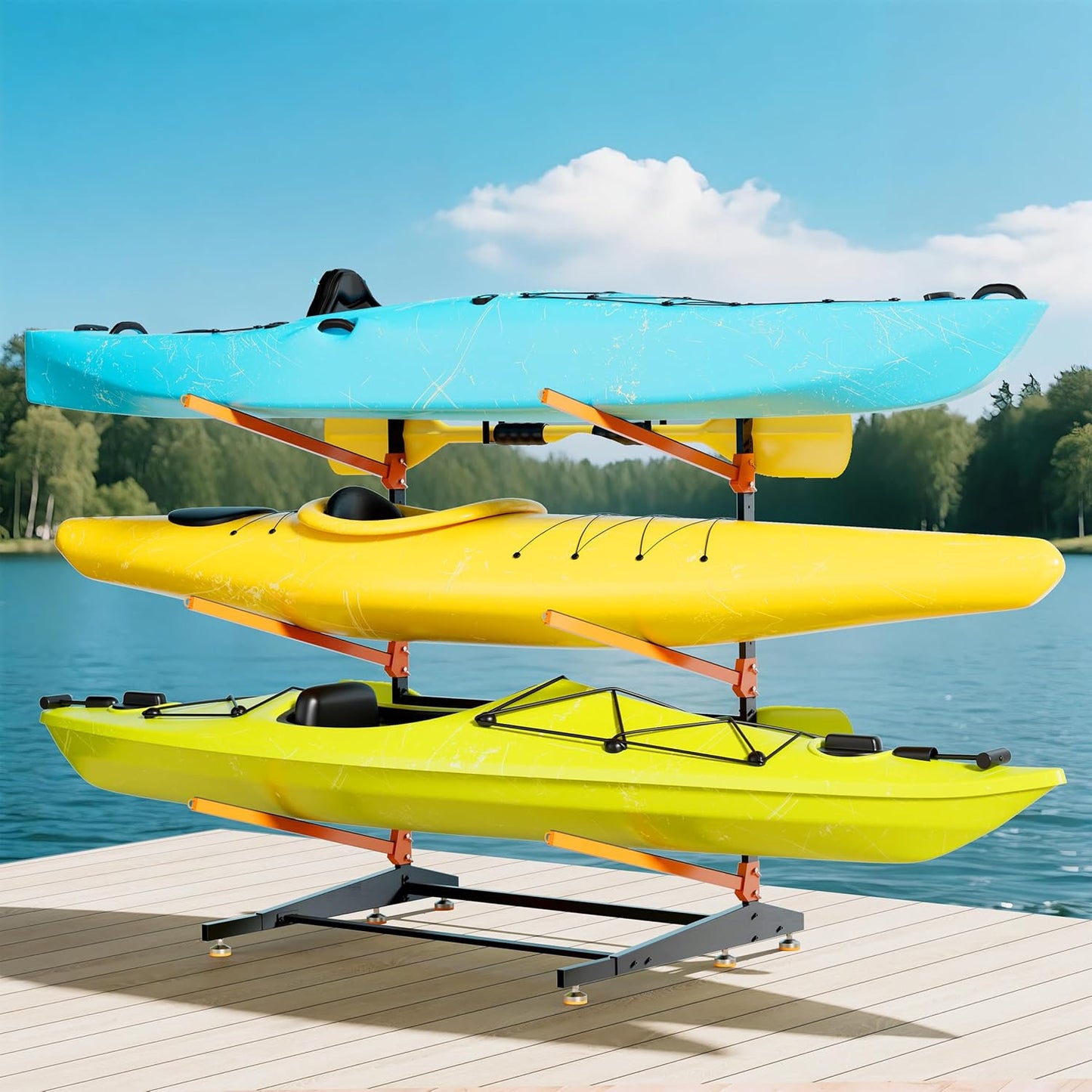 Kayak Storage Rack, Adjustable Outdoor Canoe Rack, Reinforced, Thickened, and Enhanced Rust Resistance, Holds 330 lbs, for Safe Dock and Outdoor Kayak Storage(3-Tier, Orange)