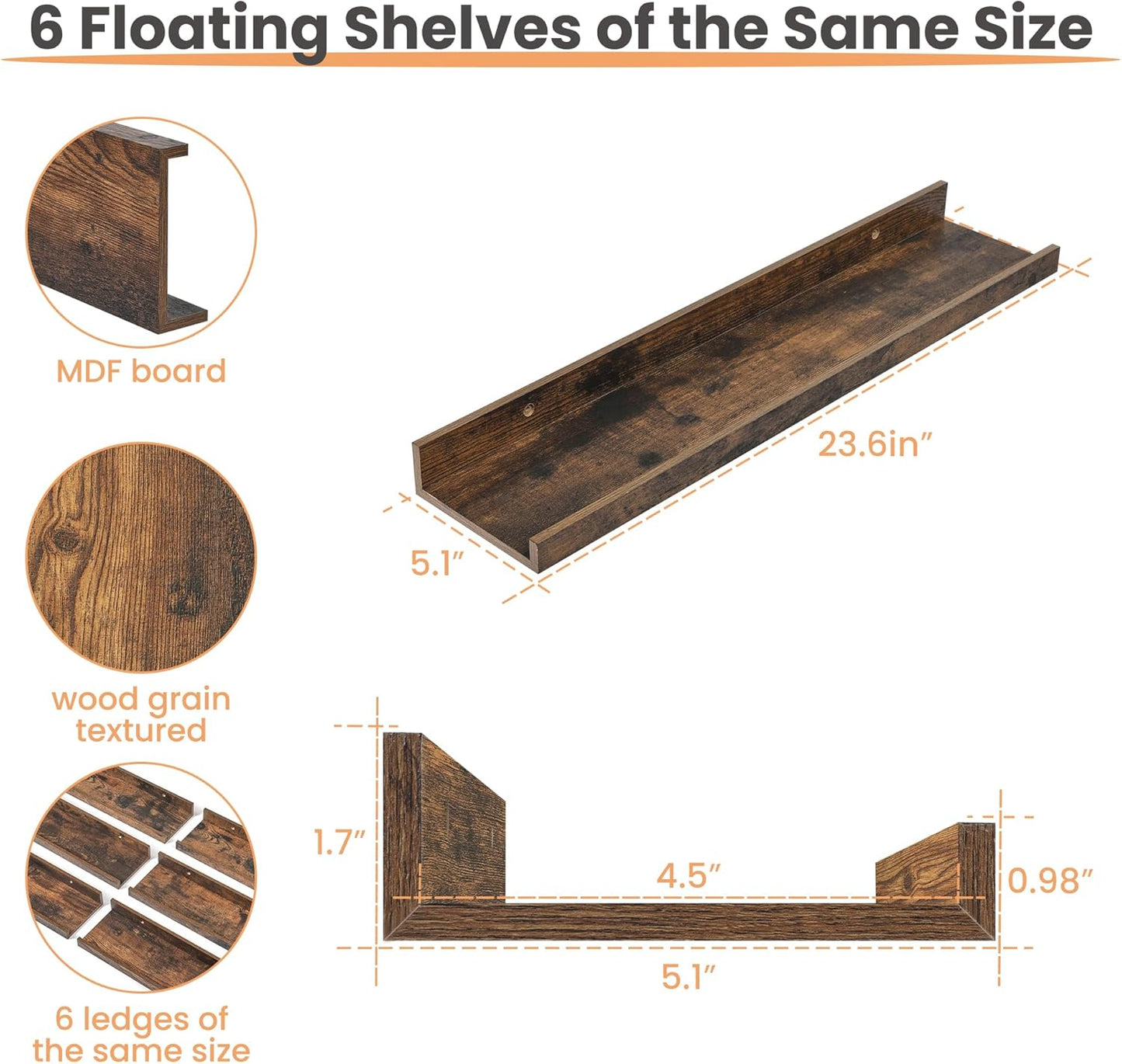 upsimples Floating Shelves for Wall, 23.6 Inch Shelves for Decor Storage Set of 6, Wall Mounted Wood Shelf for Bedroom, Living Room, Bathroom, Kitchen, Long Picture Ledge Shelves, Brown