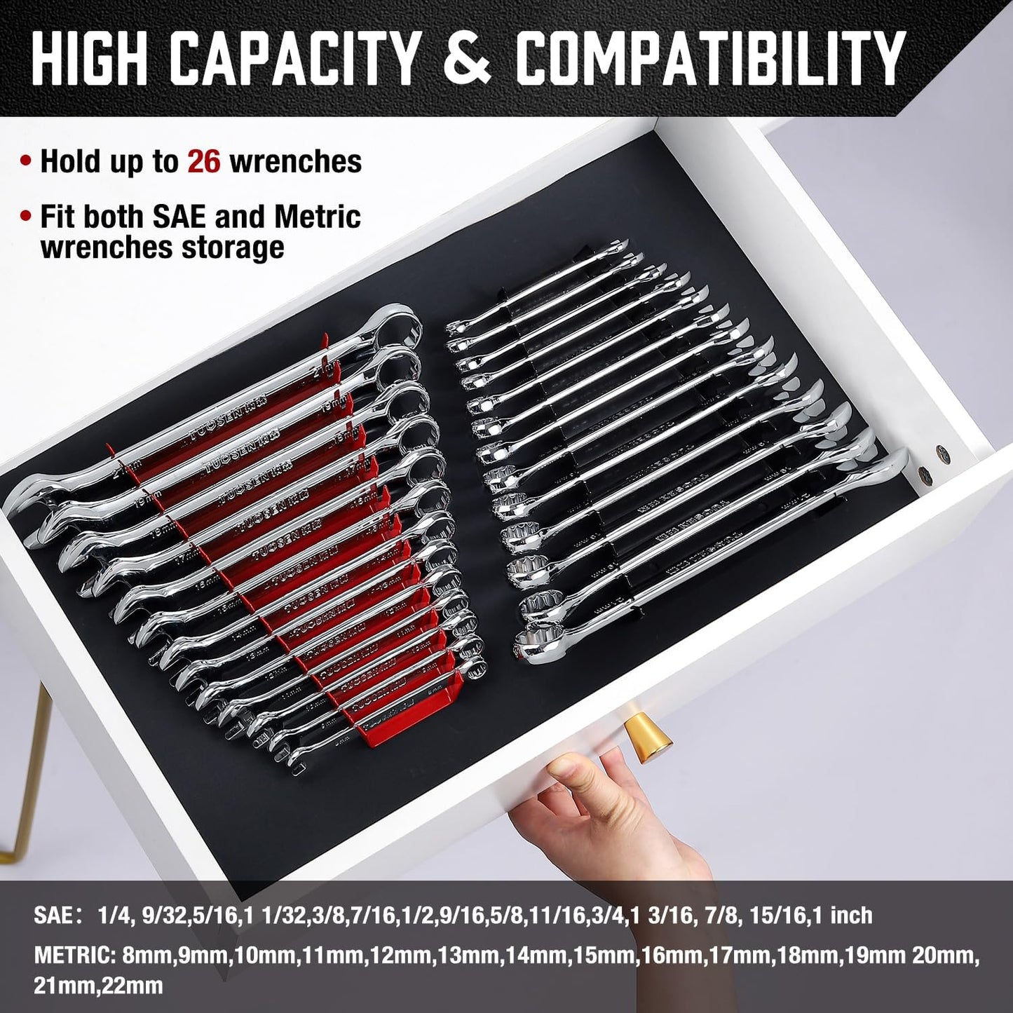 ALOANES 26-Slot Metal Wrench Organizer, Heavy Duty Wrench Organizer Tray for Tool Box, Professional Fit SAE & Metric Wrench Storage, 2 Pack Wrench Holders(Red)