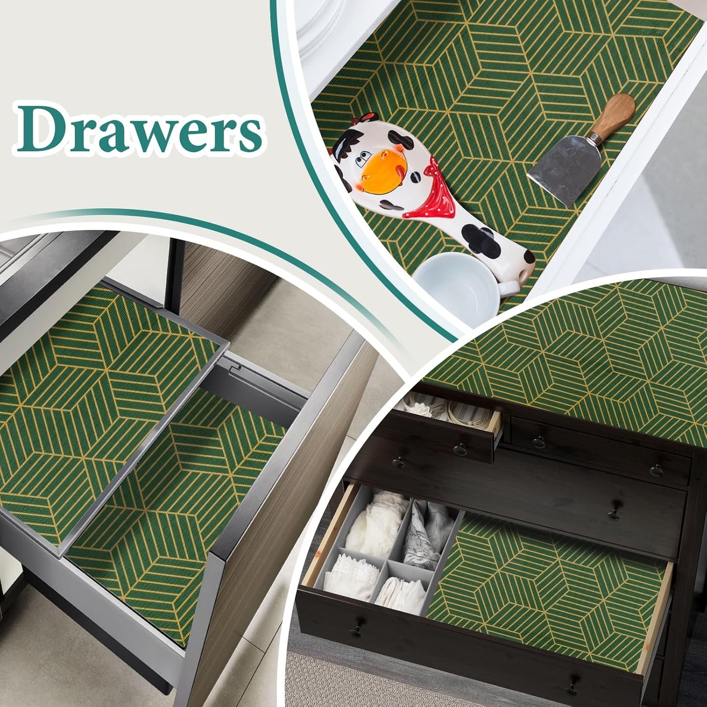 Shelf Liners for Kitchen Cabinets 17.5in x 30FT, Non Adhesive Cabinet Liner Strong Non-Slip Thickened Gold Green Geometric Drawer Liner, Easy to Clean for Shelf, Cabinet with Knife and Tape Measure