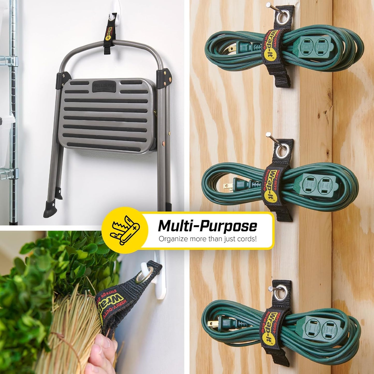 Heavy-Duty Wrap-It Storage Straps, 7-inch (6 Pack) - Hook and Loop Tool Cord Organizer, Extension Cord Hanger, Kitchen Cord Keeper, Cable Straps for Cords, Hoses, Rope, RV, and Garage Organization