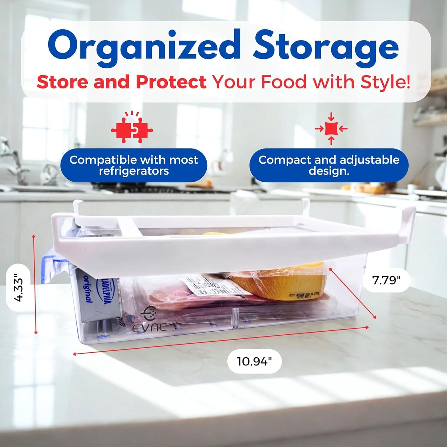 EVNE Refrigerator Drawers Fridge Drawer Organizer Fridge Organizer Drawers Small Size Refrigerator Shelf Pull Out Shelf Storage, Storage Egg Deli Cheese Meat 4 Liners Mats Included 15'' Max Size