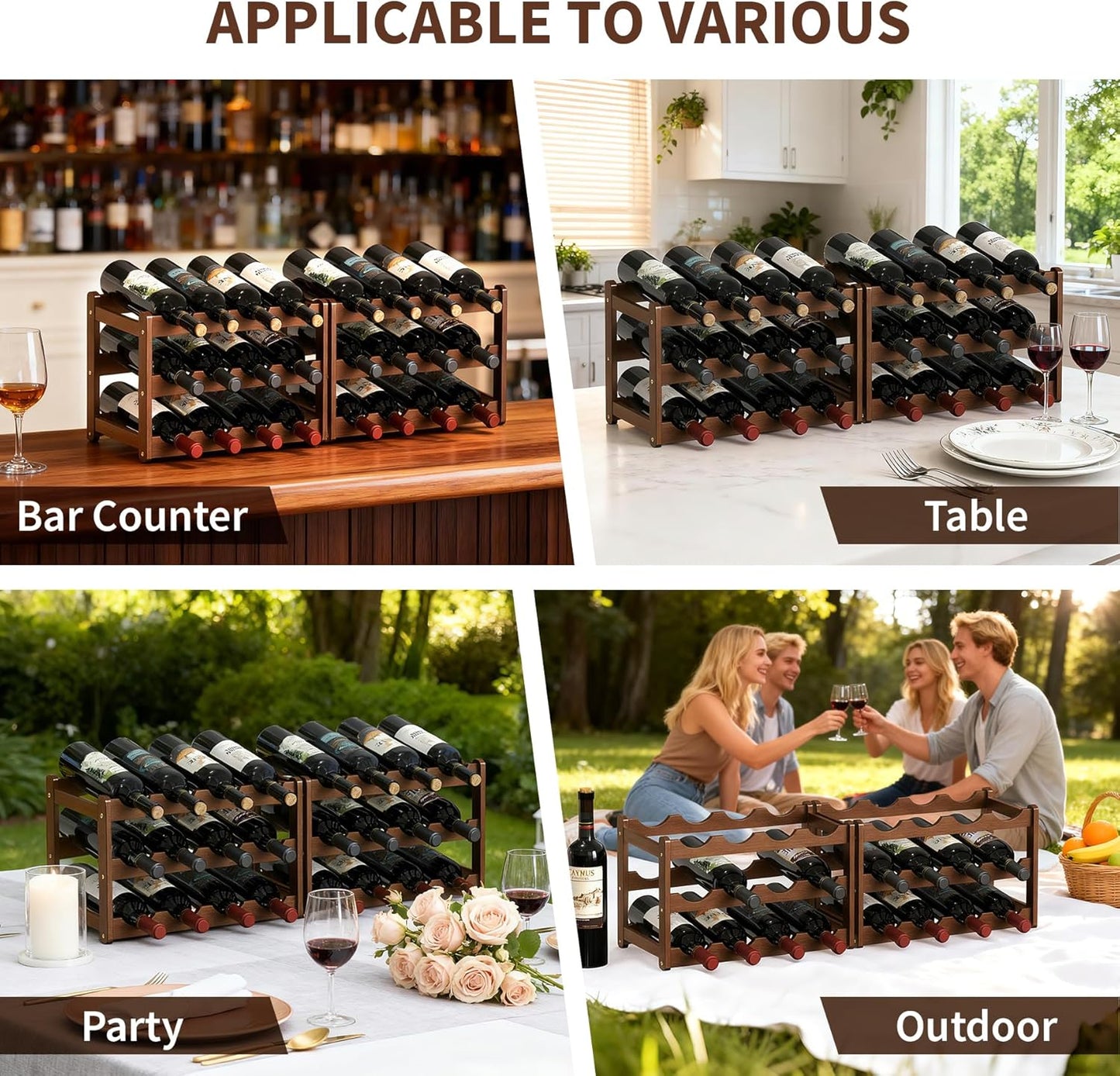 Wine Rack Bamboo Wine Racks Countertop,Sturdy Wine Rack for Inside Cabinet & Freestanding Floor,2 Set of 3-Tier 12 Bottles Racks for Kitchen,Cabinets,Home Bar,Wine Storage Racks(3-Tiers)