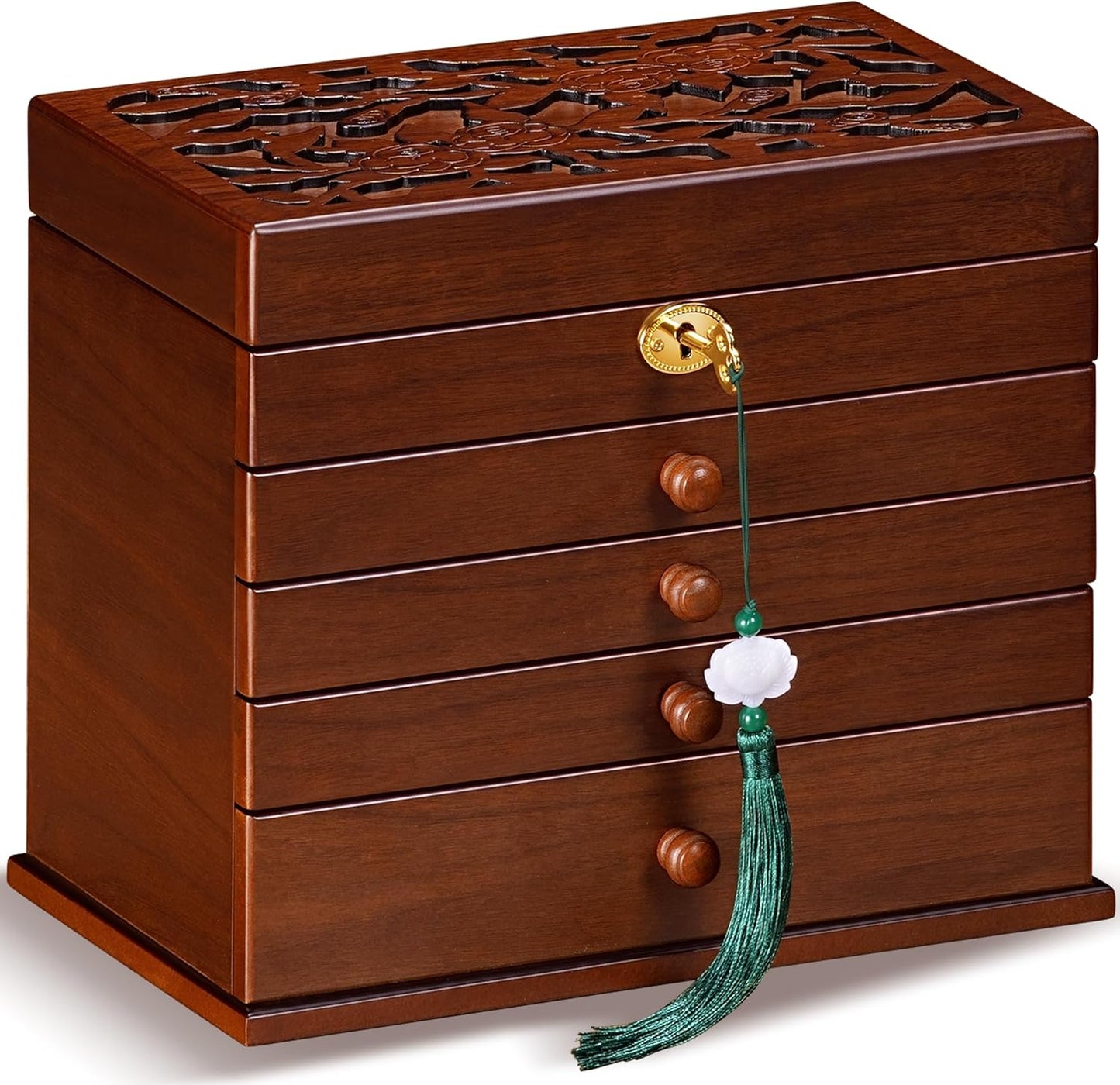 Vintage Wooden Jewelry Box with Dual Key Lock, Carved Top, Necklace Hooks – Antique Jewelry Organizer for Dresser Tabletop, Jewelry Storage Boxes for Women