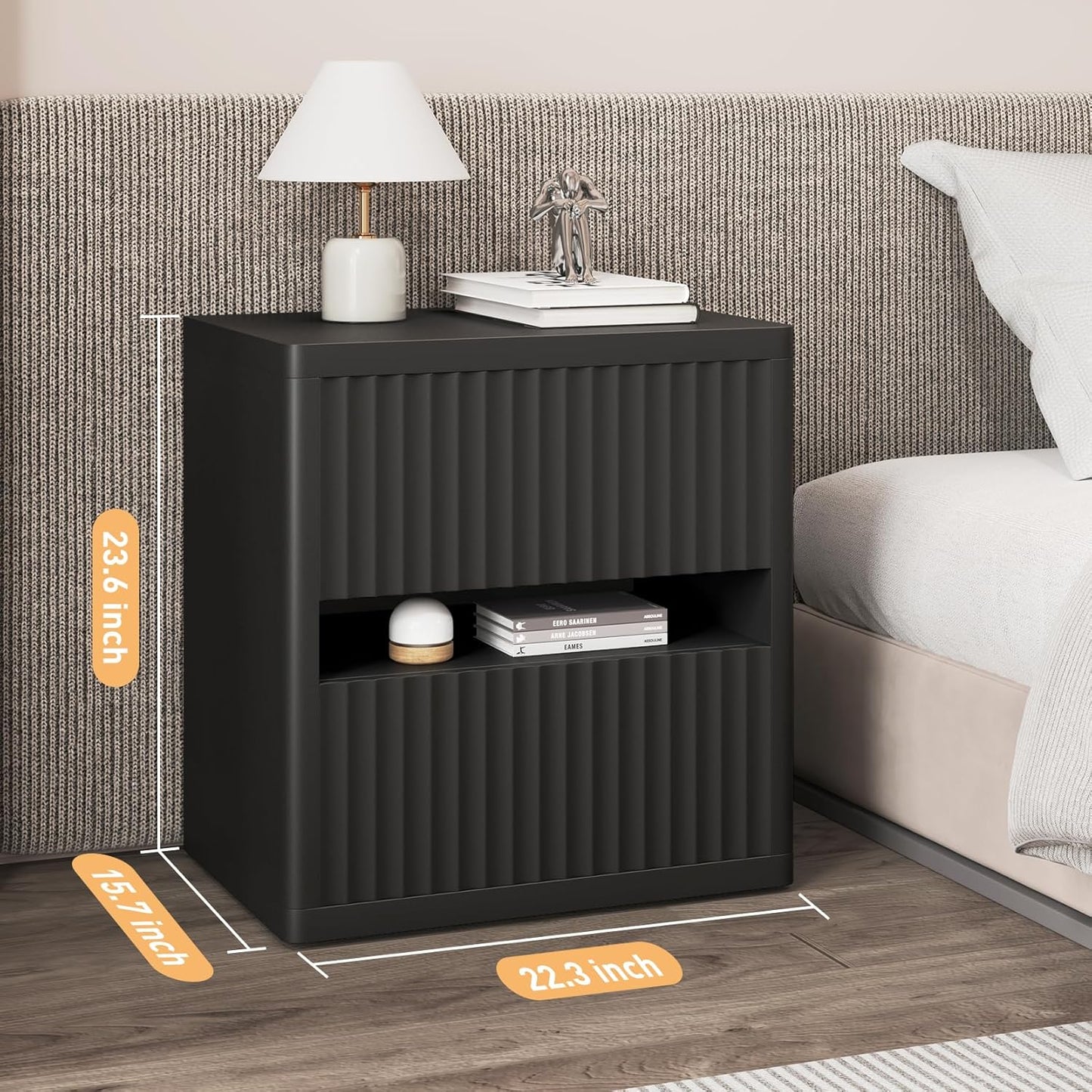 Dripex Fluted Nightstand with 2 Drawers, Large Wide Wood Night Stand Bedside Tables for Bedroom, Mid-Century Modern Storage Bed Side Table, End Tables for Living Room Sofa Couch, Black, Set of 1