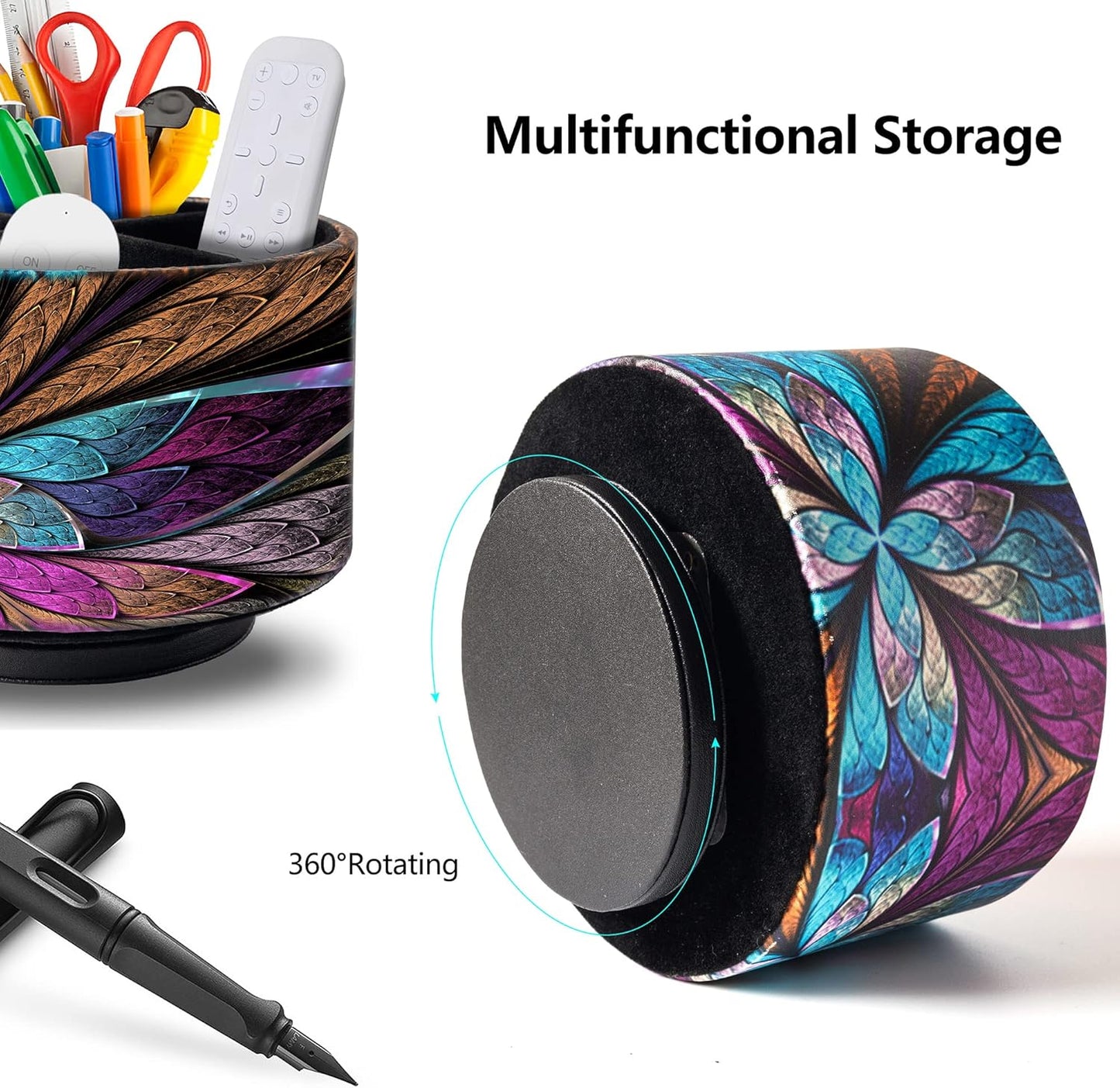 Remote Control Holder Round Leather Art Supply Organizer, PU Leather Pencil Stationery Desk Storage Makeup Organizer for Heater Controllers TV Remotes, 4 Compartments, 360 Degree Spinning