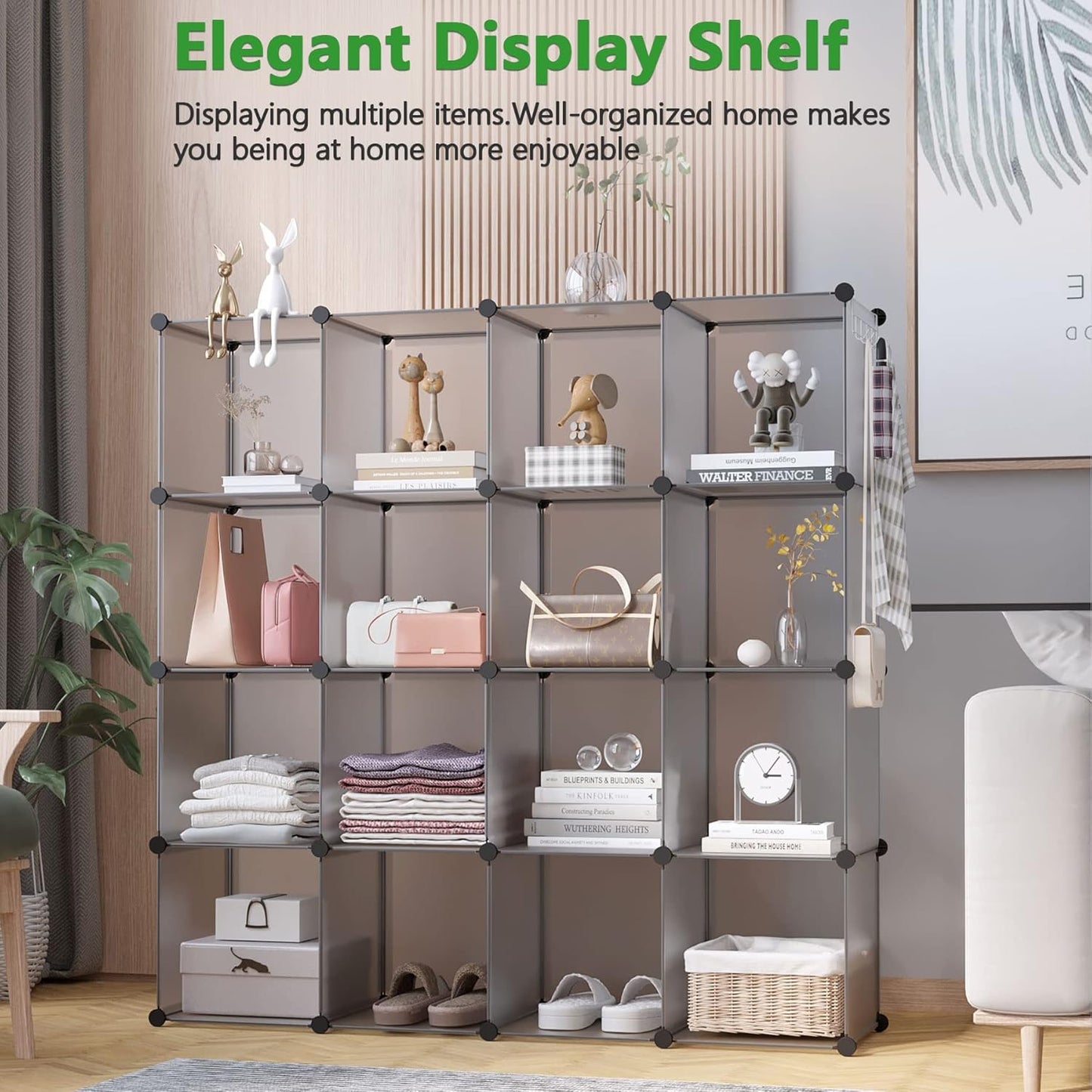C&AHOME 16-Cube Storage Organizer, Plastic Shelves Units, DIY Closet Organizer, Modular Shelves Ideal for Home, Bedroom, 48.4" L 12.4" W 48.4" H Grey UPCS16G