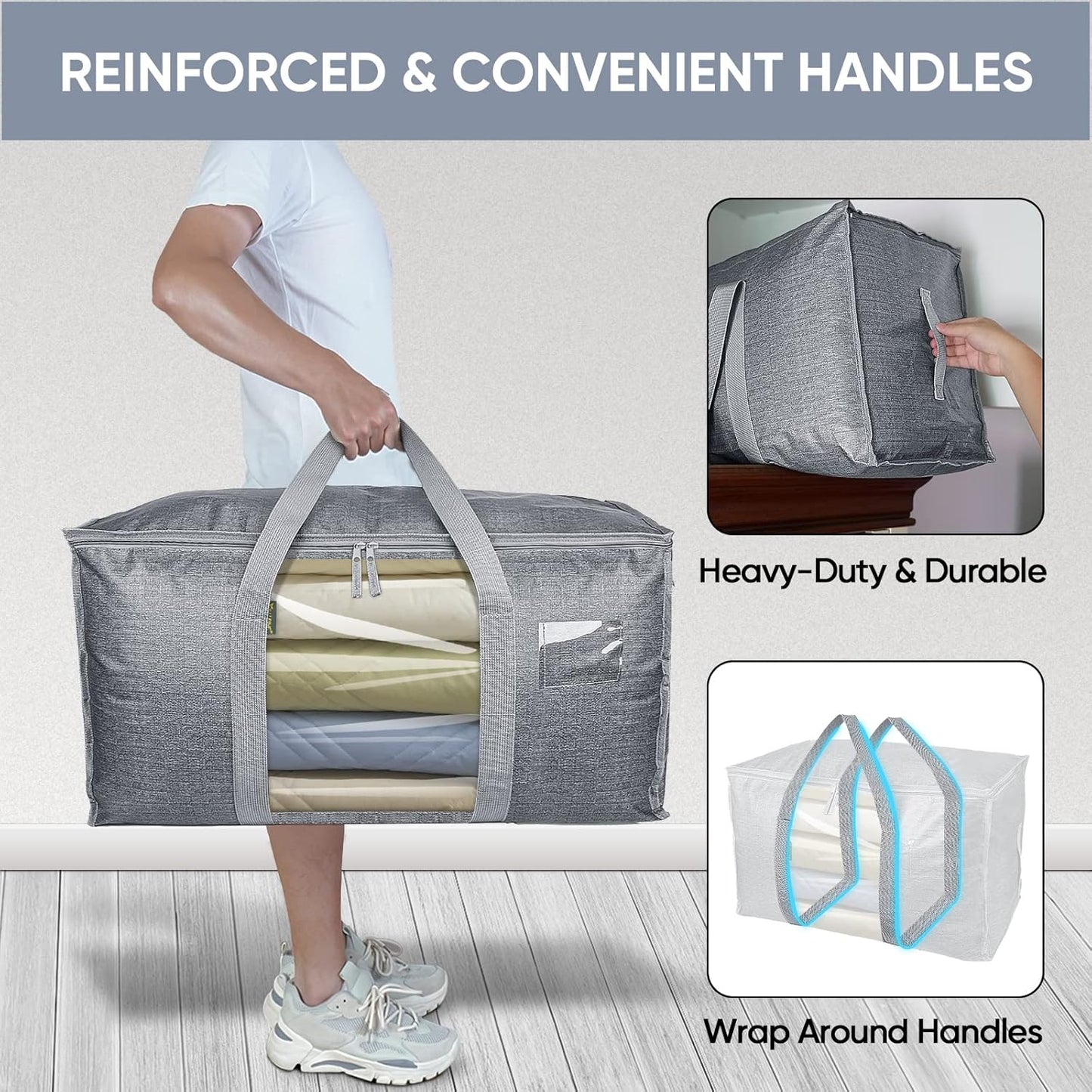 BALEINE 8-Pack Oversized Moving Bags with Reinforced Handles, Heavy-Duty Storage Tote Moving Supplies for Packaging, Camping (Gray w/Window, 8-Pack)