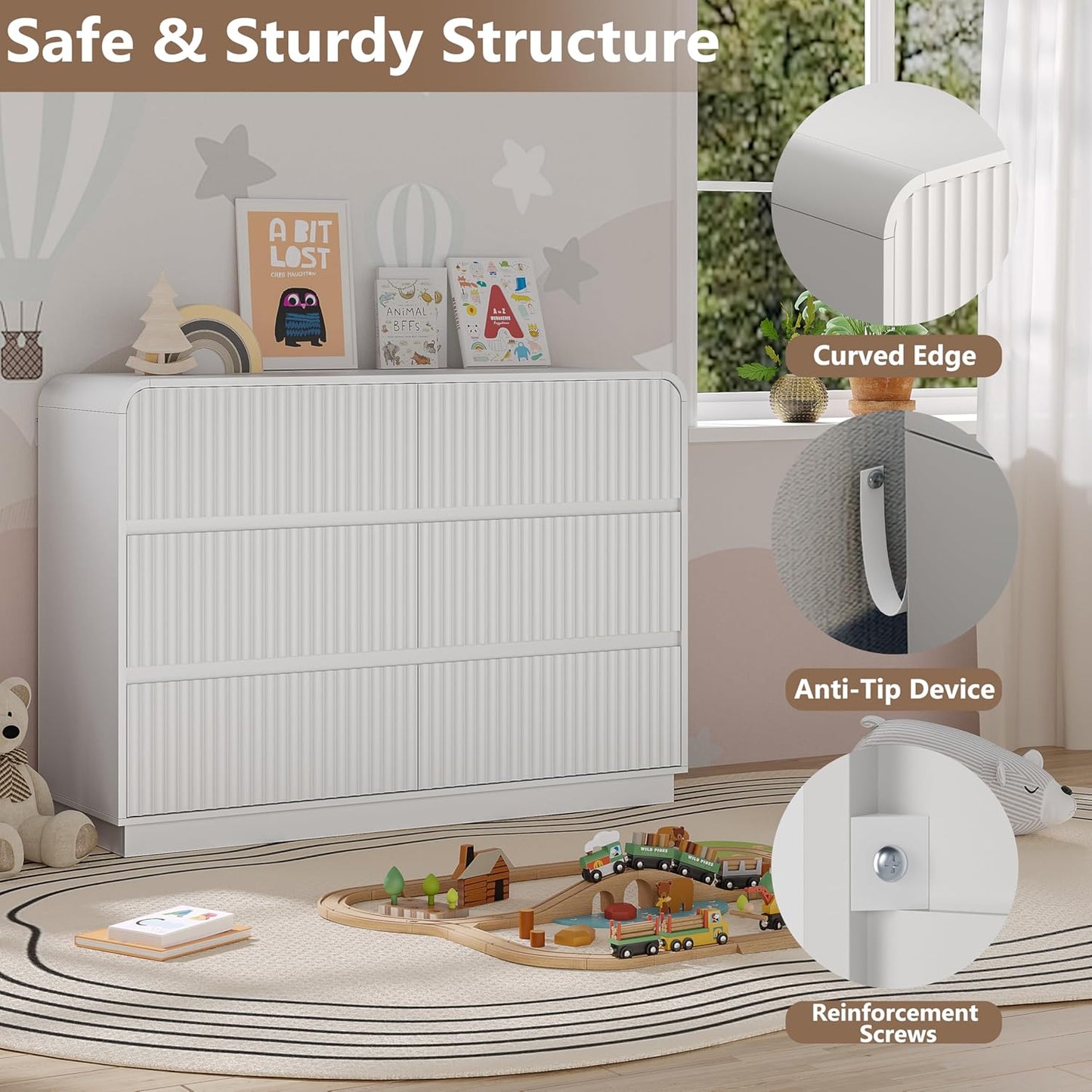 Dresser for Bedroom with 6 Drawers, Fluted Chest of Drawers with Round Curved Corner, Hidden Handles, Modern Wood Storage Organizer for Bedroom, Nursery, Living Room