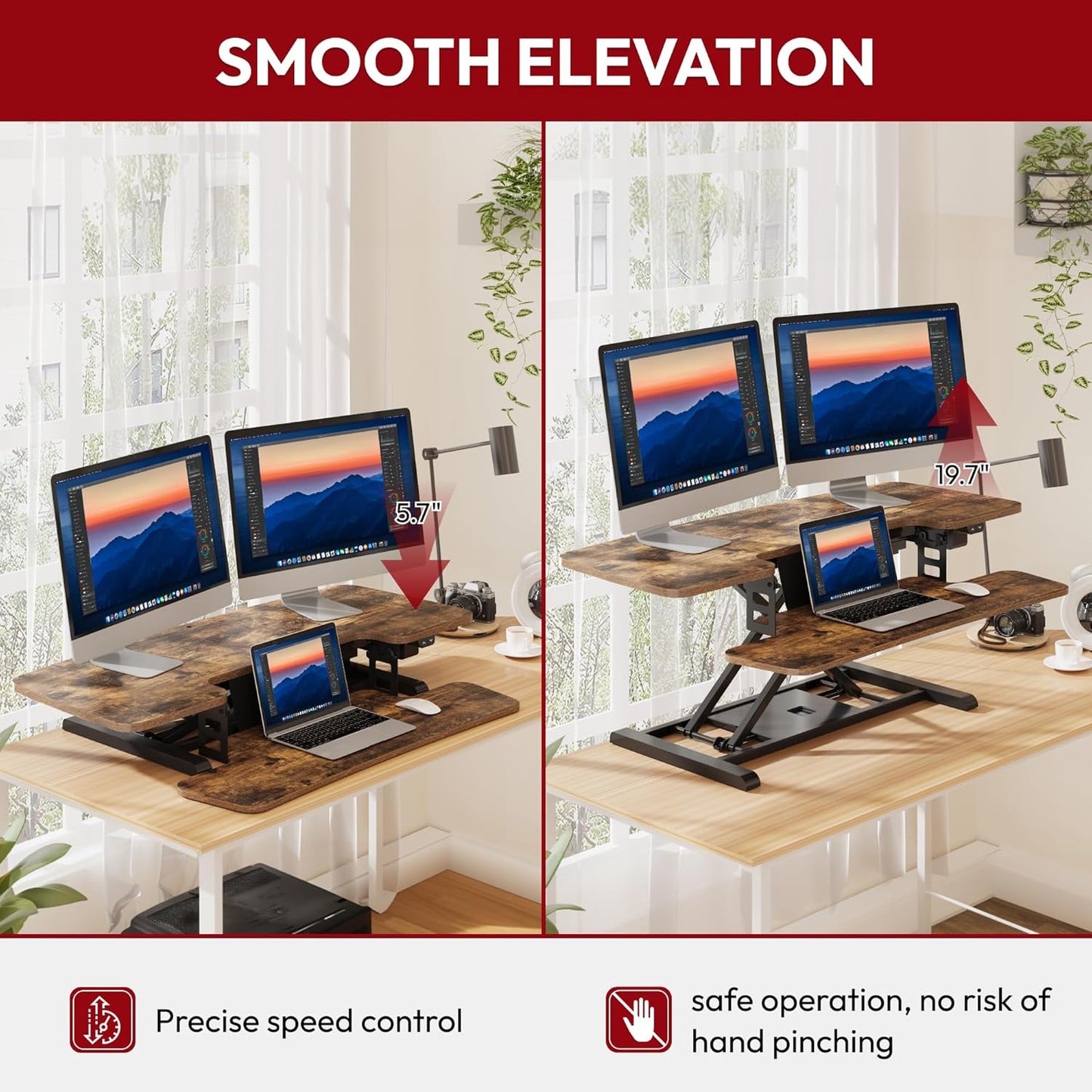 SANODESK Standing Desk Converter with Electric Motor 42" Height Adjustable Riser for Office Home,Dual Monitor and Laptop Workstation with Large Keyboard Tray, Rustic Color