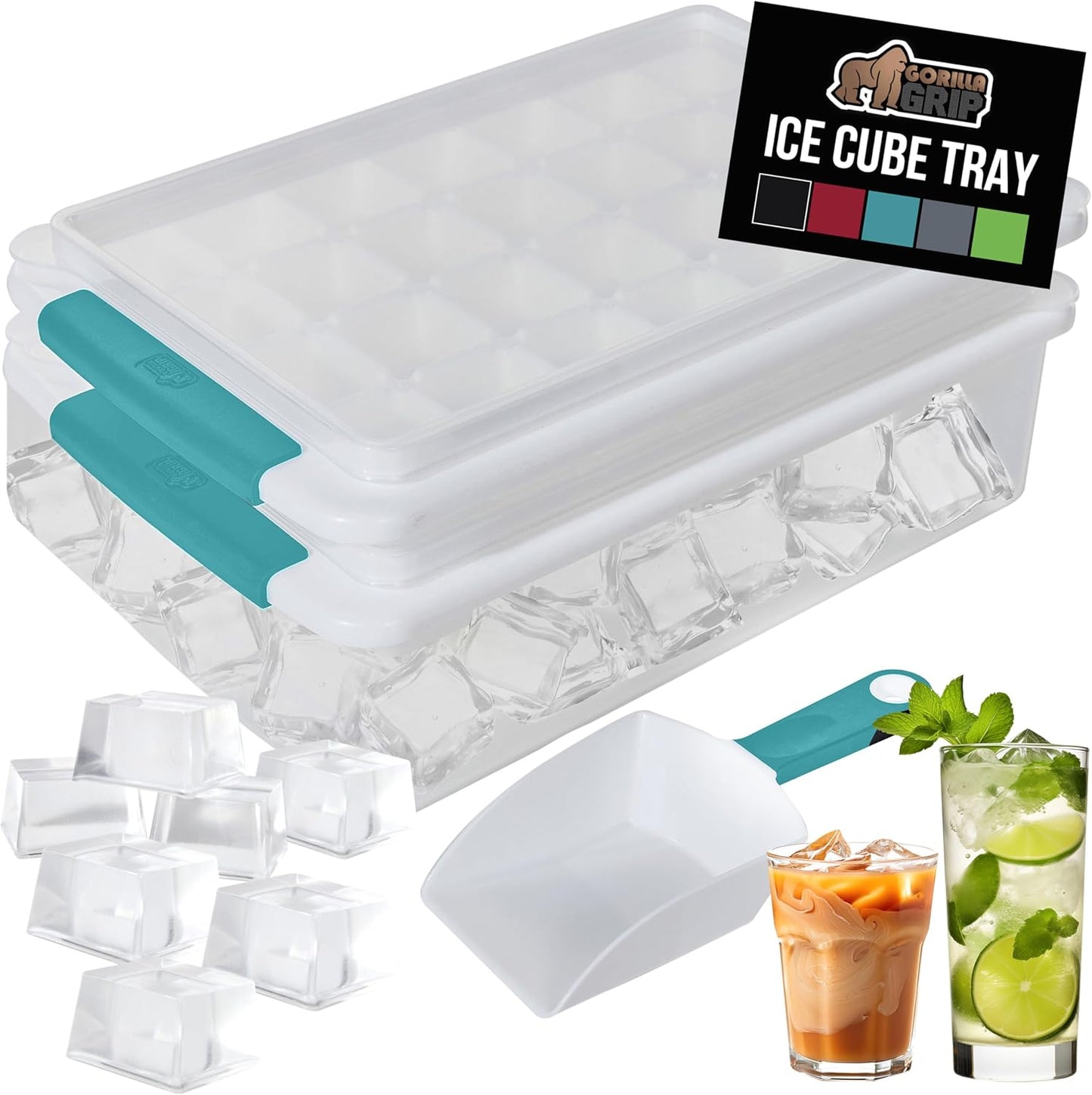 GORILLA GRIP BPA-Free Easy Release Ice Cube Tray for Freezer, Make Lots of Ice, 56 Cubes Total, Kit Includes 2 Stackable Leakproof Trays with Lid and Soft Handle Grips, Scooper, Bin, Turquoise
