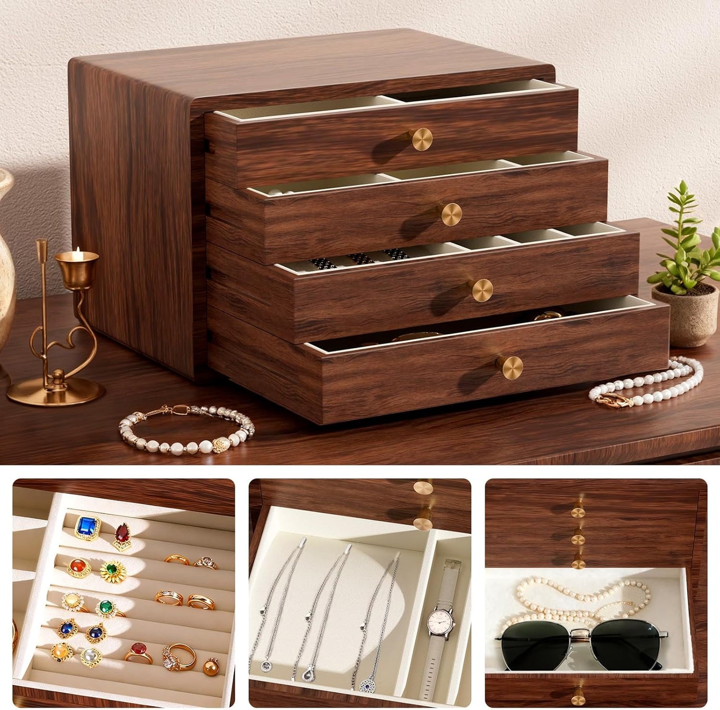 GENUINED Large Black Walnut Wooden Jewelry Box, High End Solid Wood Jewelry Organizer, Vintage Style for Watch Necklace Ring Earring Storage, Birthday Christmas Gifts for Women(4 Layer)