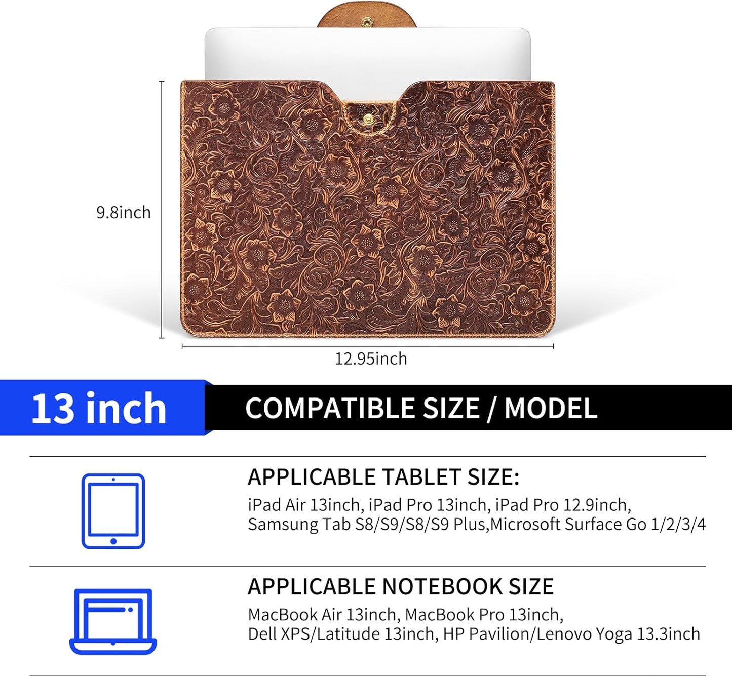 Genuine Leather Laptop Sleeve,Compatible with MacBook Pro 13 Inch M2 M1(2025-2016)＆MacBook Air 13 Inch M4 M3 M2 M1(2025-2018),Vintage Protective Computer Case with Floral Pattern,Brown