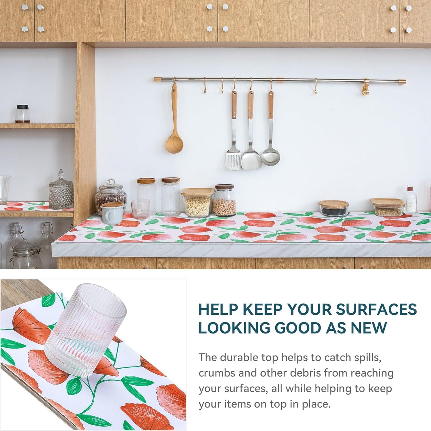 2 Rolls 12" W x 120" L Floral Drawer and Shelf Liner for Cabinets, Non-Adhesive Strong Grip Non-Slip Flower Shelf Cabinet Kitchen Shelf Liners for Kitchen Cabinets