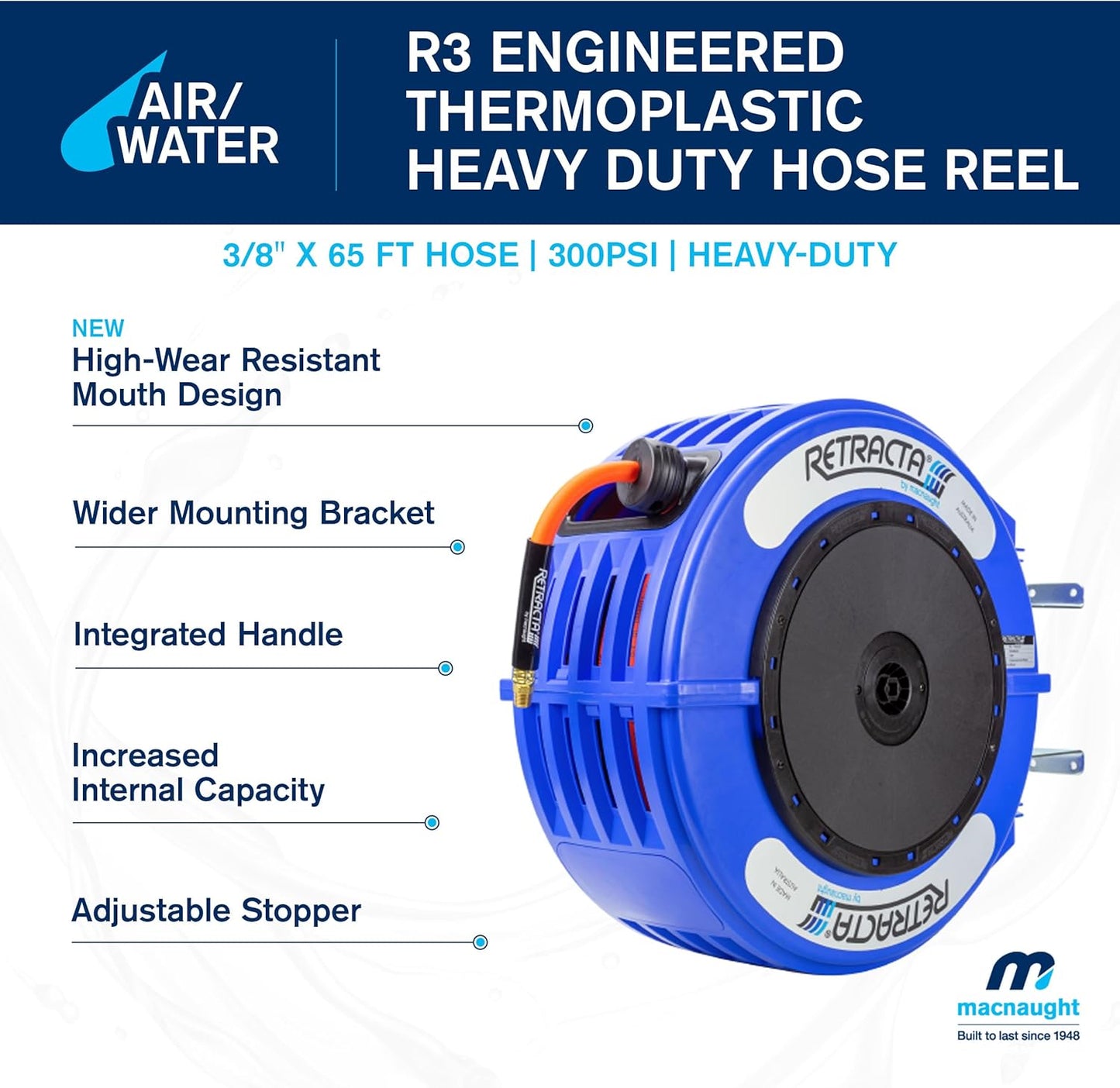Macnaught Retractable Air/Water Hose Reel with 3/8 in. x 65 FT Hybrid Hose, 10 Year Warranty, Ceiling/Wall Mounted Heavy Duty Industrial Commercial with Bracket, 300PSI