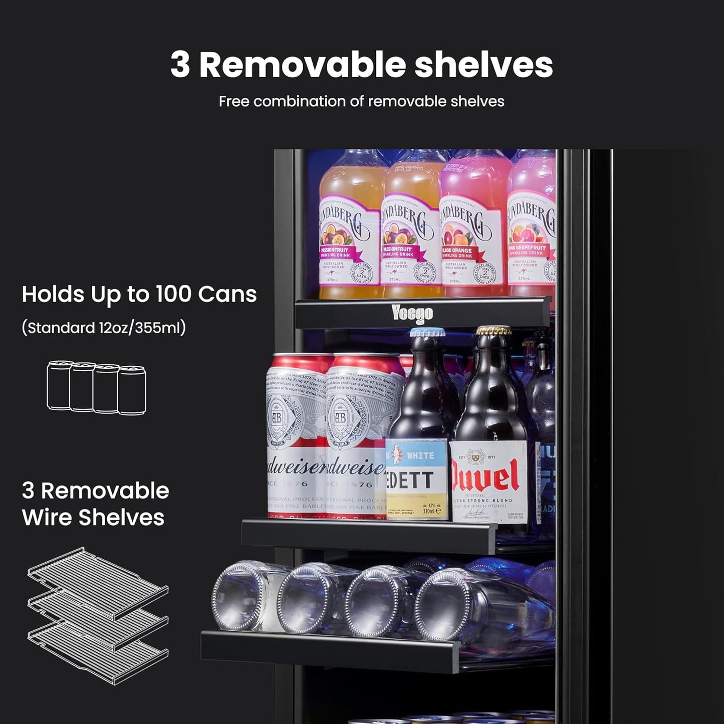 Yeego 15 Inch Beverage Refrigerator – 100 Can Mini Fridge with Glass Door, 34-54 ℉ Built-In Freestanding or Under Counter Beverage Cooler for Drink Soda Wine - For Home Bar Office