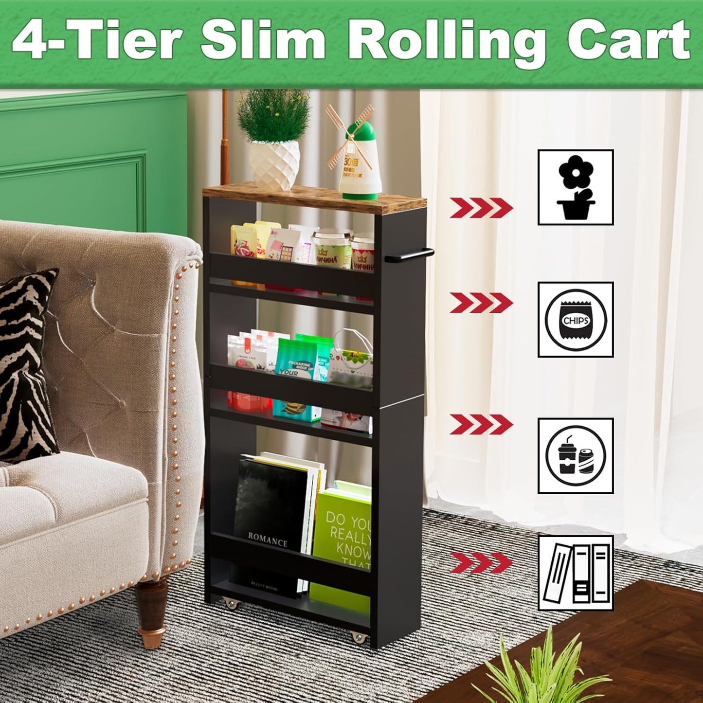 MARTY Rolling Storage Cart 4-Tier Black Kitchen Cart with Wheels, Slim Storage Cart with Handle Slide Out Utility Cart Shelving Unit Organizer Trolley for Laundry Narrow Places Bathroom Small Corner