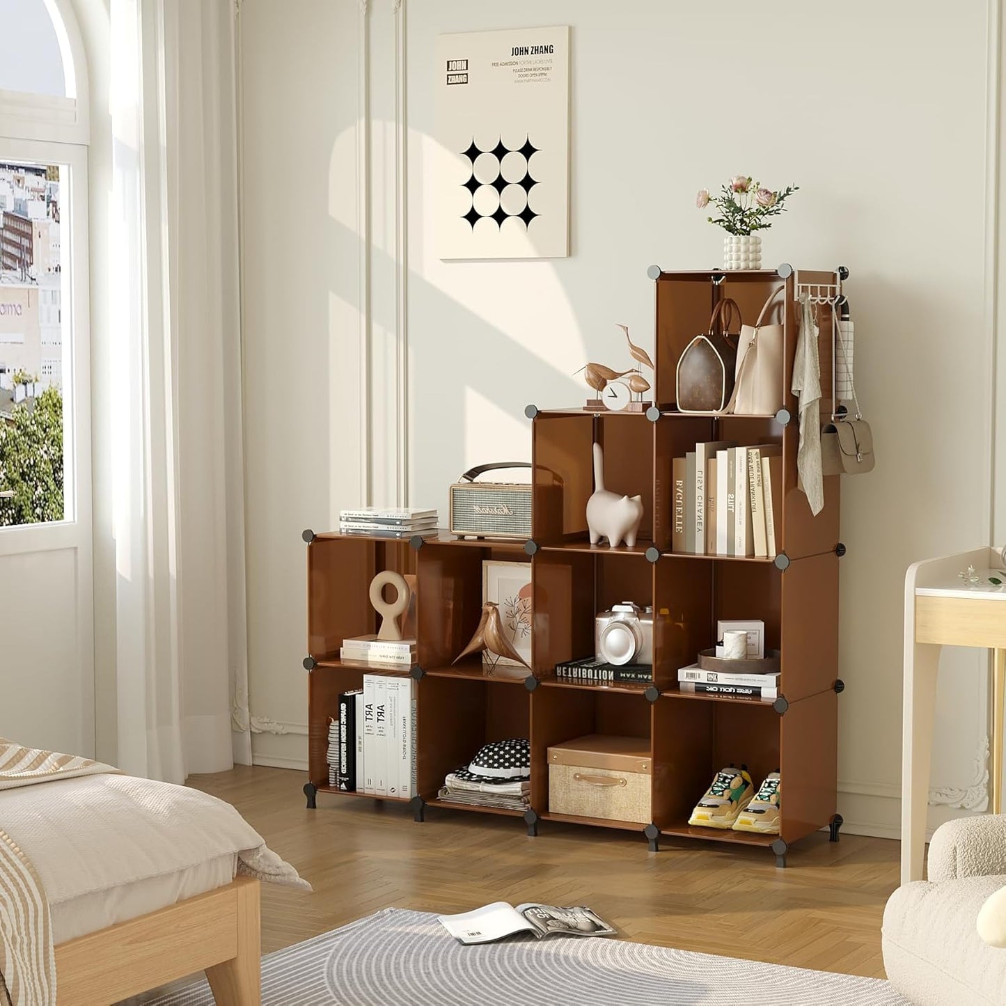 AWTATOS Cube Storage Organizer, Storage Cubes Shelves Bookshelf, 12 Cube Closet Organizers and Storage, DIY Stackable Plastic Clothes Organizer Shelving for Bedroom, Home, Cocoa Brown