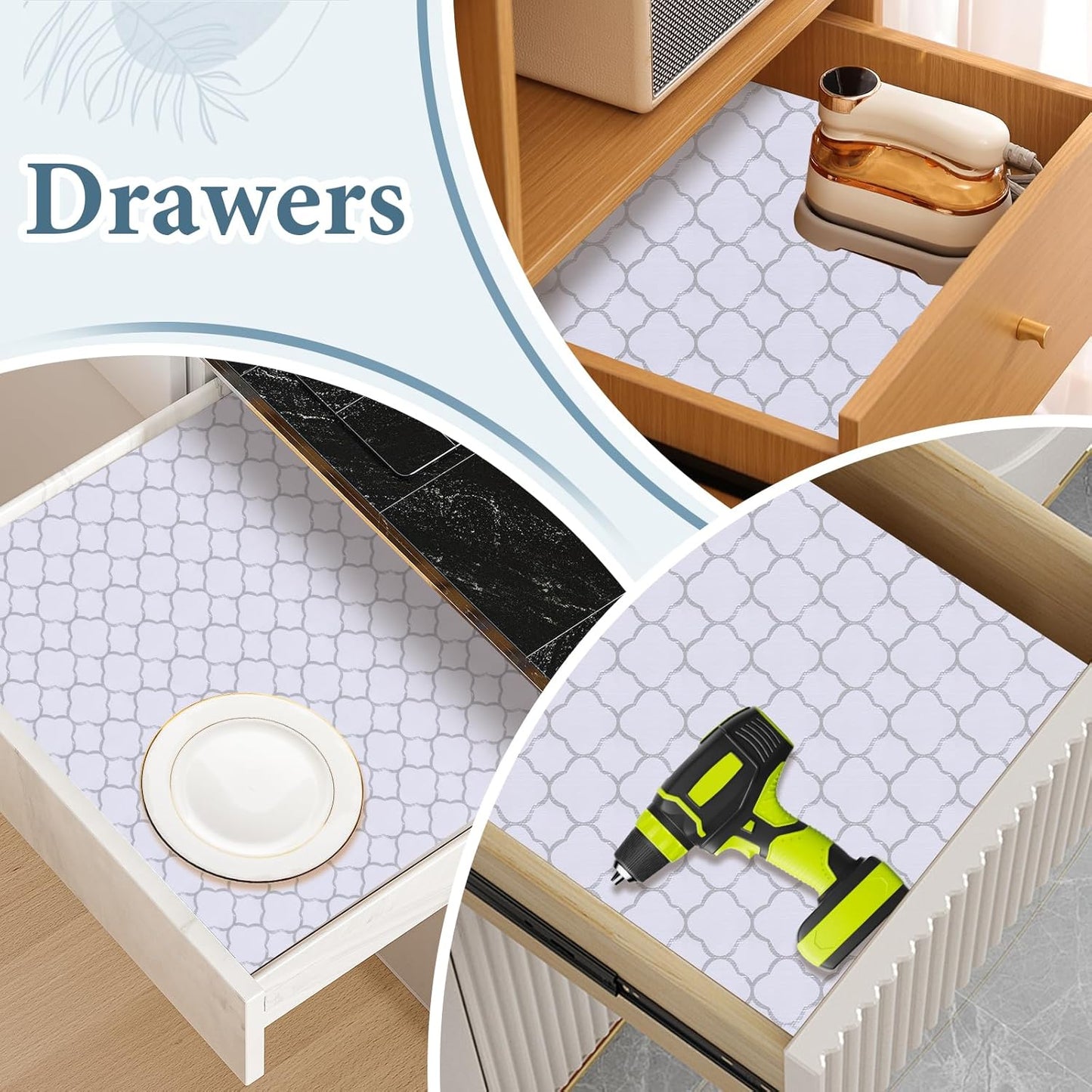 Shelf Liners for Kitchen Cabinets 23.6in x 30FT Non Adhesive Drawer Liner Silver Quatrefoil Shelf Liner Paper Strong Non-Slip Easy to Clean for Tool Box Refrigerator with Knife and Tape Measure