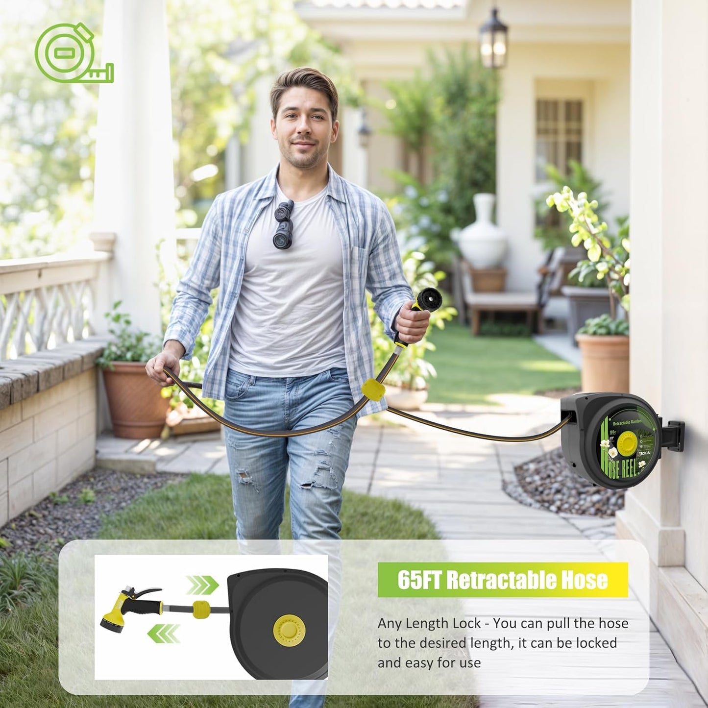 Hose Reel, Retractable Garden Hose Reel, 65 ft x 1/2 inch Garden Hose with Auto Return System, Retractable Water Hose with 180°Swivel Wall Mounted Bracket, 9 Pattern Sprayer Nozzle & Any Length Lock