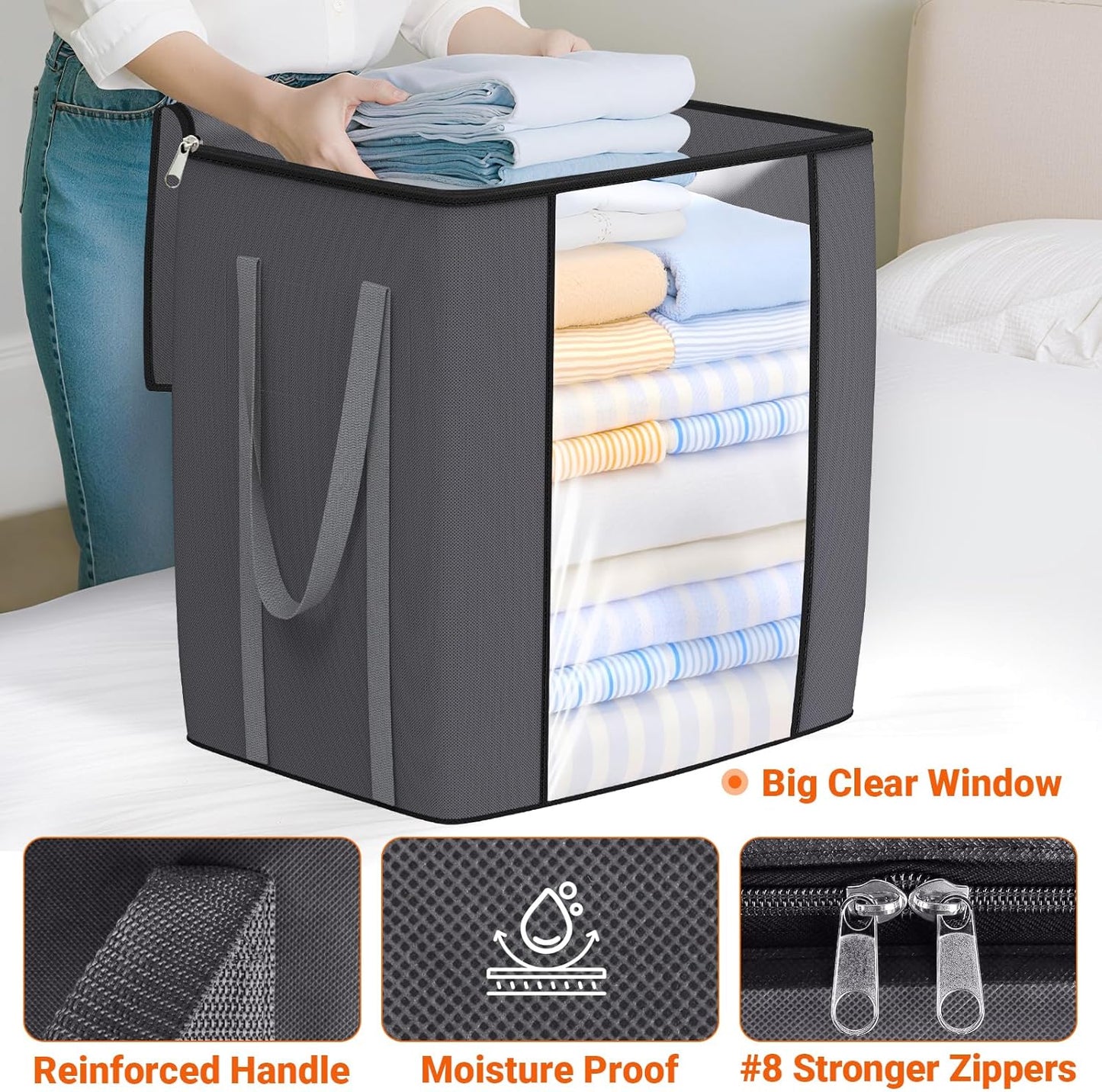 120L Extra Large Clothes Storage Bags, Foldable Blanket Storage and Organization, Thick Fabric Containers with Reinforced Handles & Zippers for Clothing, Comforters, Bedding, Gray, 6 Pack