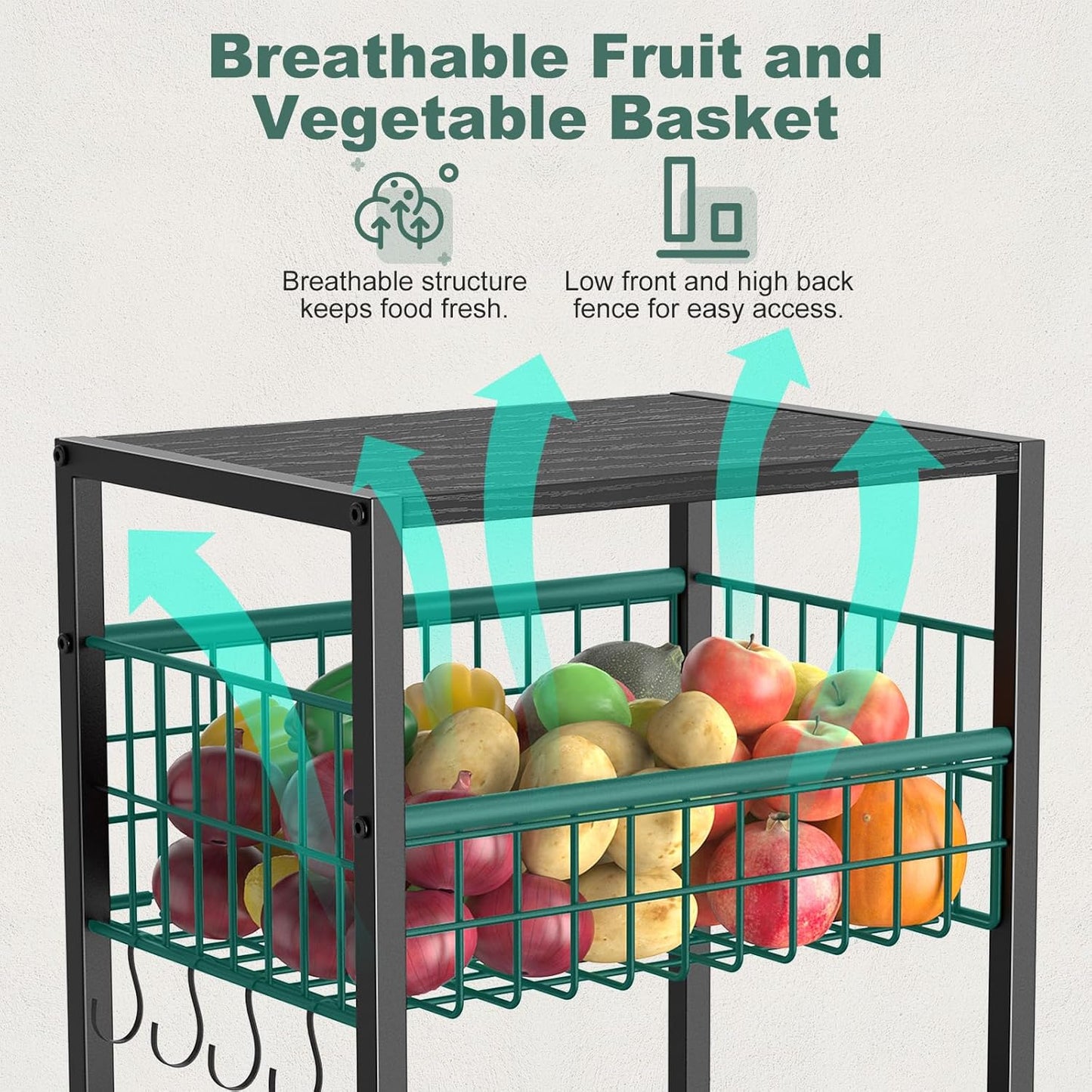Housolution 5 Tier Kitchen Rolling Cart, Storage Cart with Metal Fruit Vegetable Basket and Pull-Out Pot Lid Cutting Board Organizer, Storage Rack with Wooden Top for Kitchen, Pantry, Bathroom