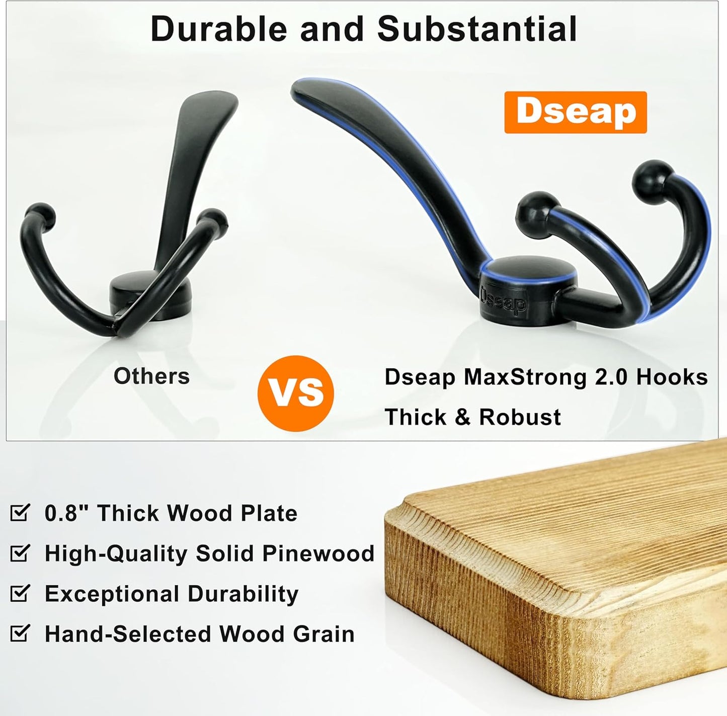 Dseap Coat Rack Wall Mounted - 5 Tri Hooks, Heavy Duty, Wooden Wall Coat Hanger Coat Hook for Clothes Hat Jacket Clothing, Natural & Black, 2 Packs
