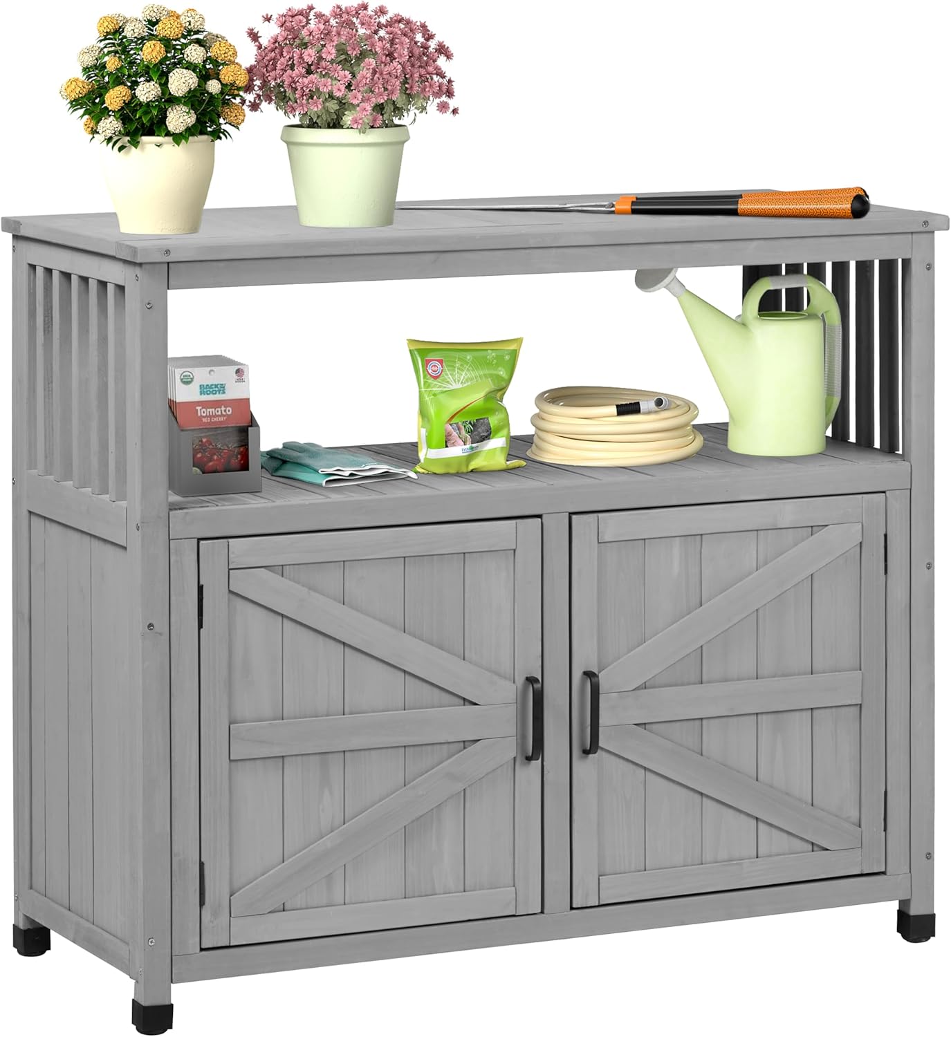 Outdoor Potting Bench with Storage Cabinet and Metal Top, Wood Workstation for Outdoor Patio, Garden (Grey, 42×18×37")