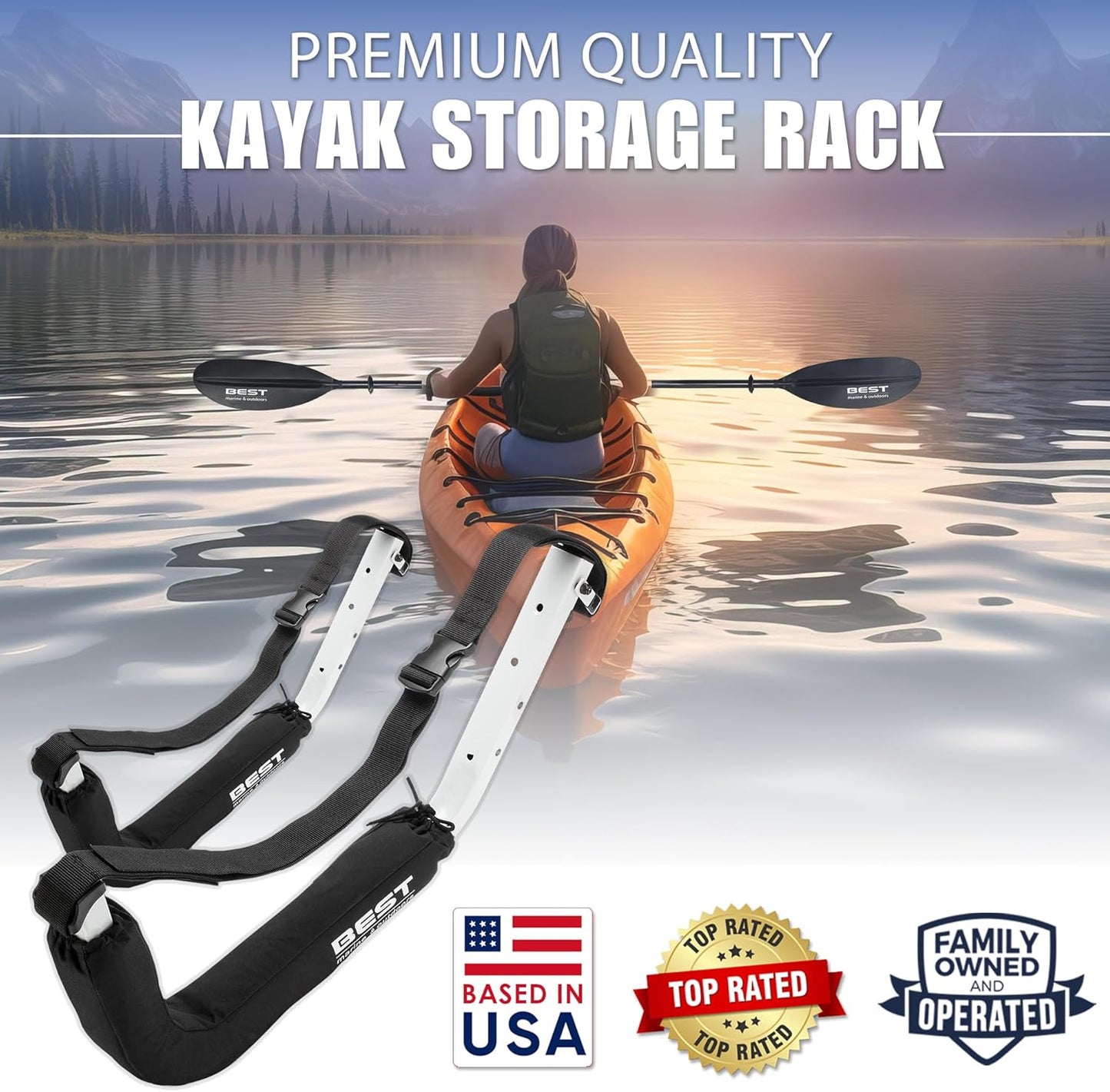 Best Marine and Outdoors Kayak Storage Rack, 2 Premium Wall Mount Racks, Kayaks & SUP Paddle Boards, 125lb Weight Capacity Garage Hanger, Indoor Outdoor Paddleboard Holder & Kayaking Accessories