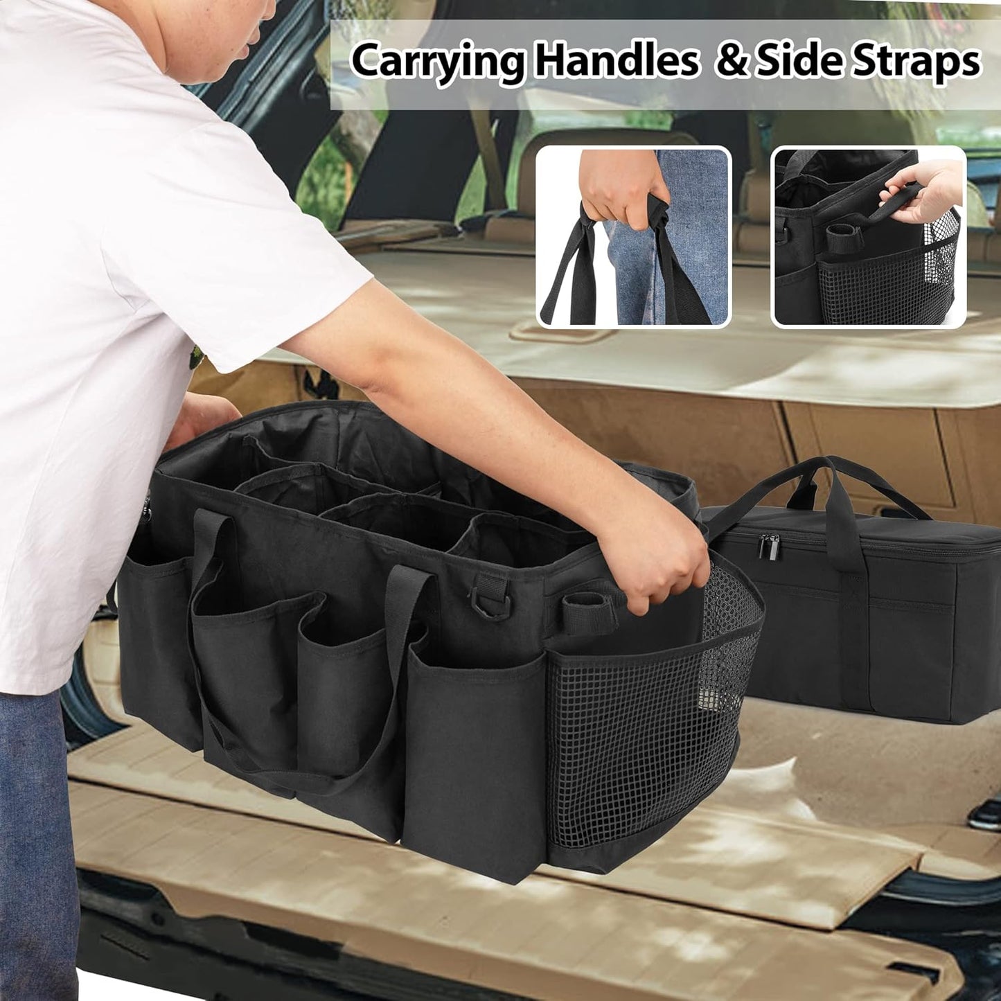 Detailing Bag with Polisher Carry Bag, Large Detail Car Care Box for Auto Detailing Supplies, Car Wash Caddy & Trunk Organizer for Buffer Bottle Towel & Cleaning Kit, Black, Patent Design