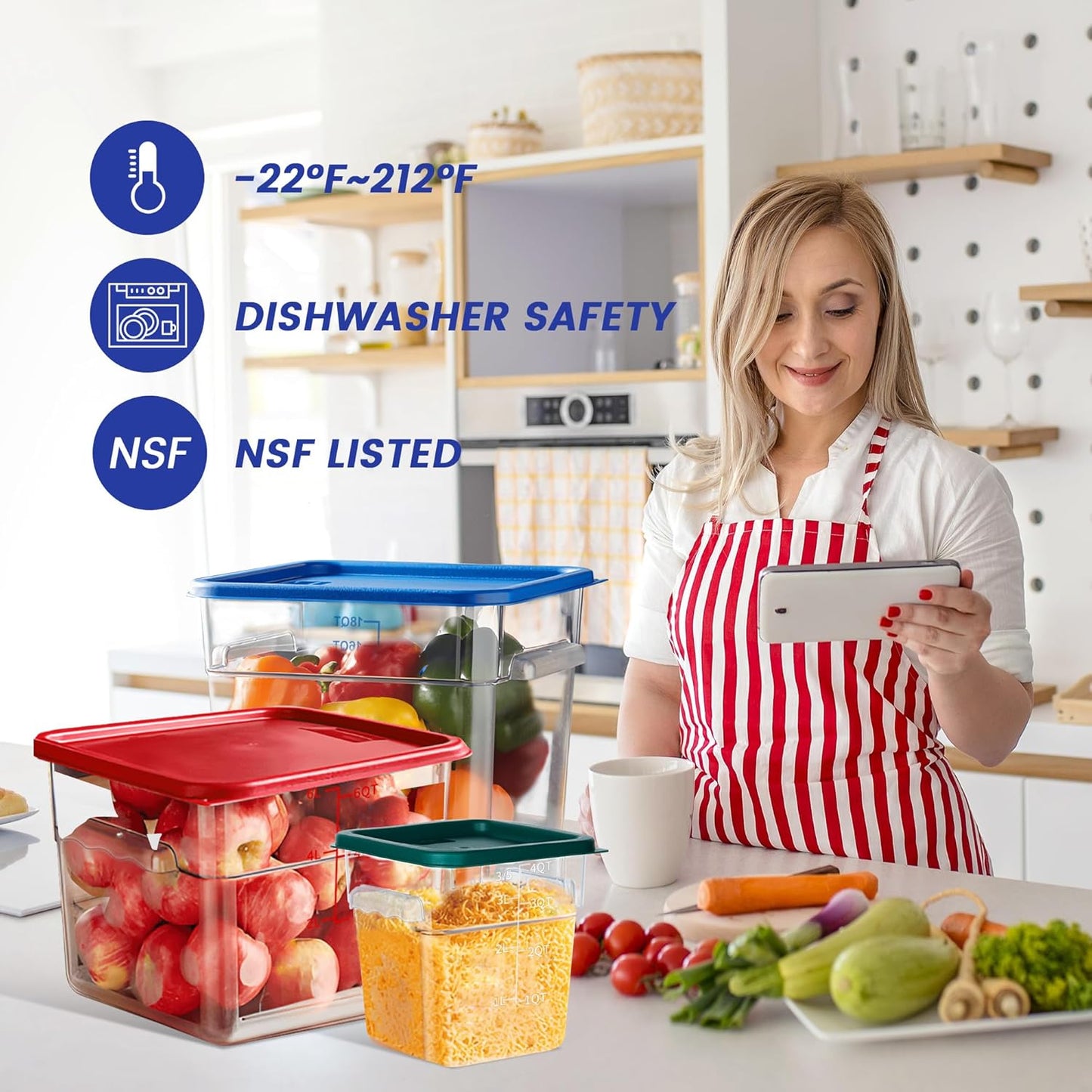 4 Pack Food Storage Containers, 12 Quart with Lids, Square Commercial Containers with Scale, NSF, Polycarbonate, Clear