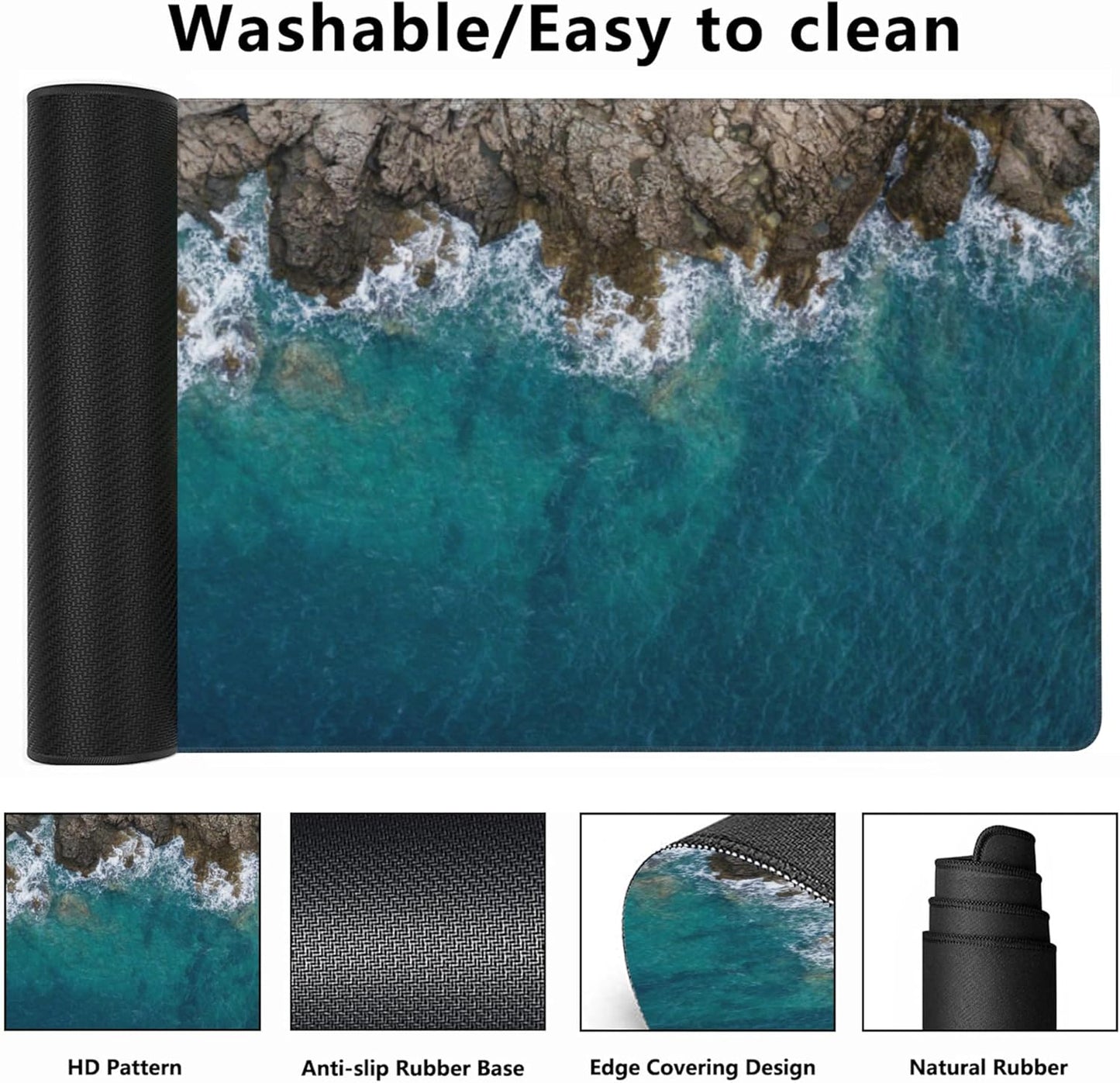 Desk Mat,Sea Waves and Fantastic Coast Gaming Mouse Pad,XXL Extended Mouse Pad Mat for Office,Computer,Keyboard with Non-Slip Base Stitched Eges Mousepad 35.4x15.75 inch