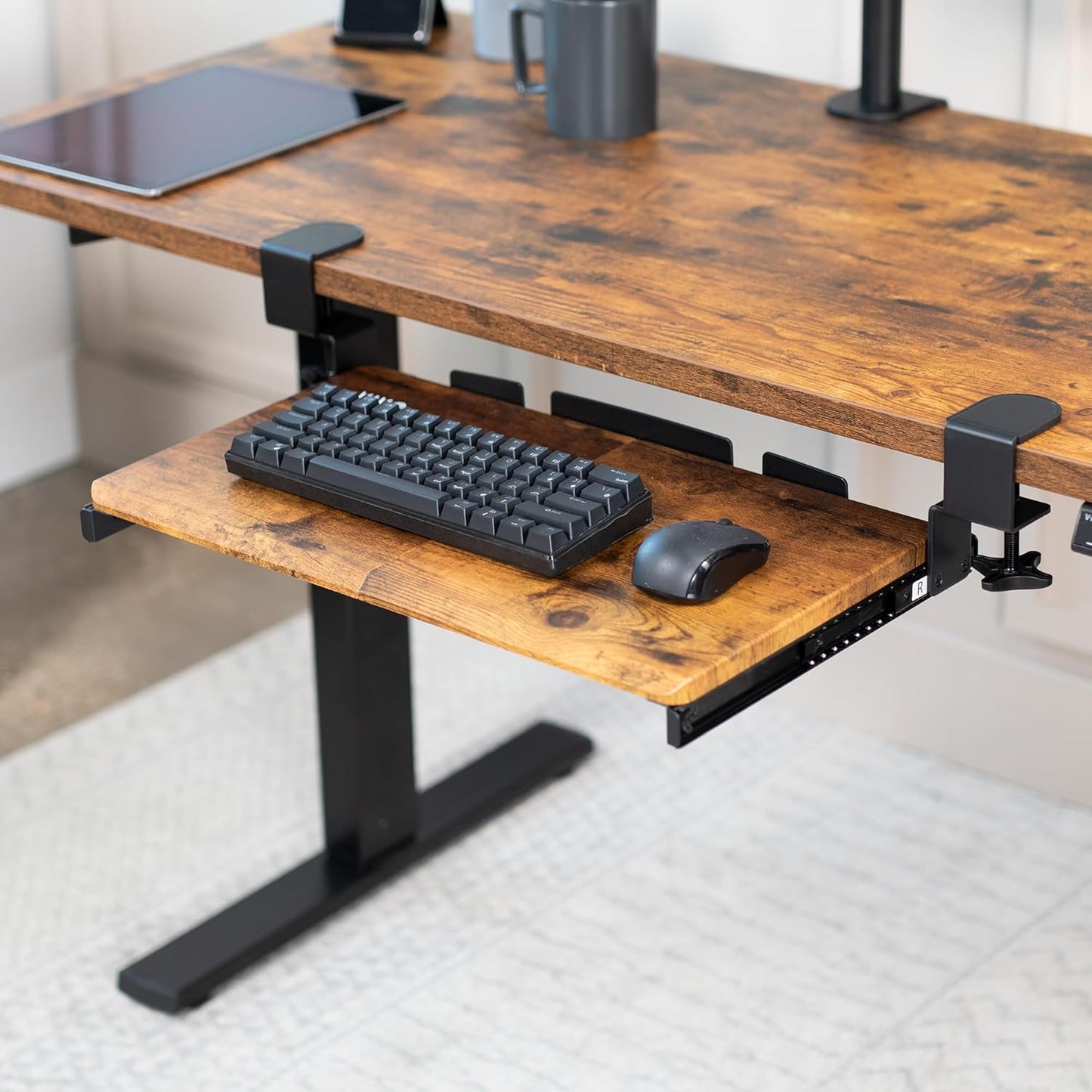 VIVO Small Keyboard Tray, Under Desk Pull Out with Extra Sturdy C Clamp Mount System, 20 (26 with Clamps) x 11 inch Slide-Out Platform Drawer, Rustic Vintage Brown Top, Black Frame, MOUNT-KB05ES-N