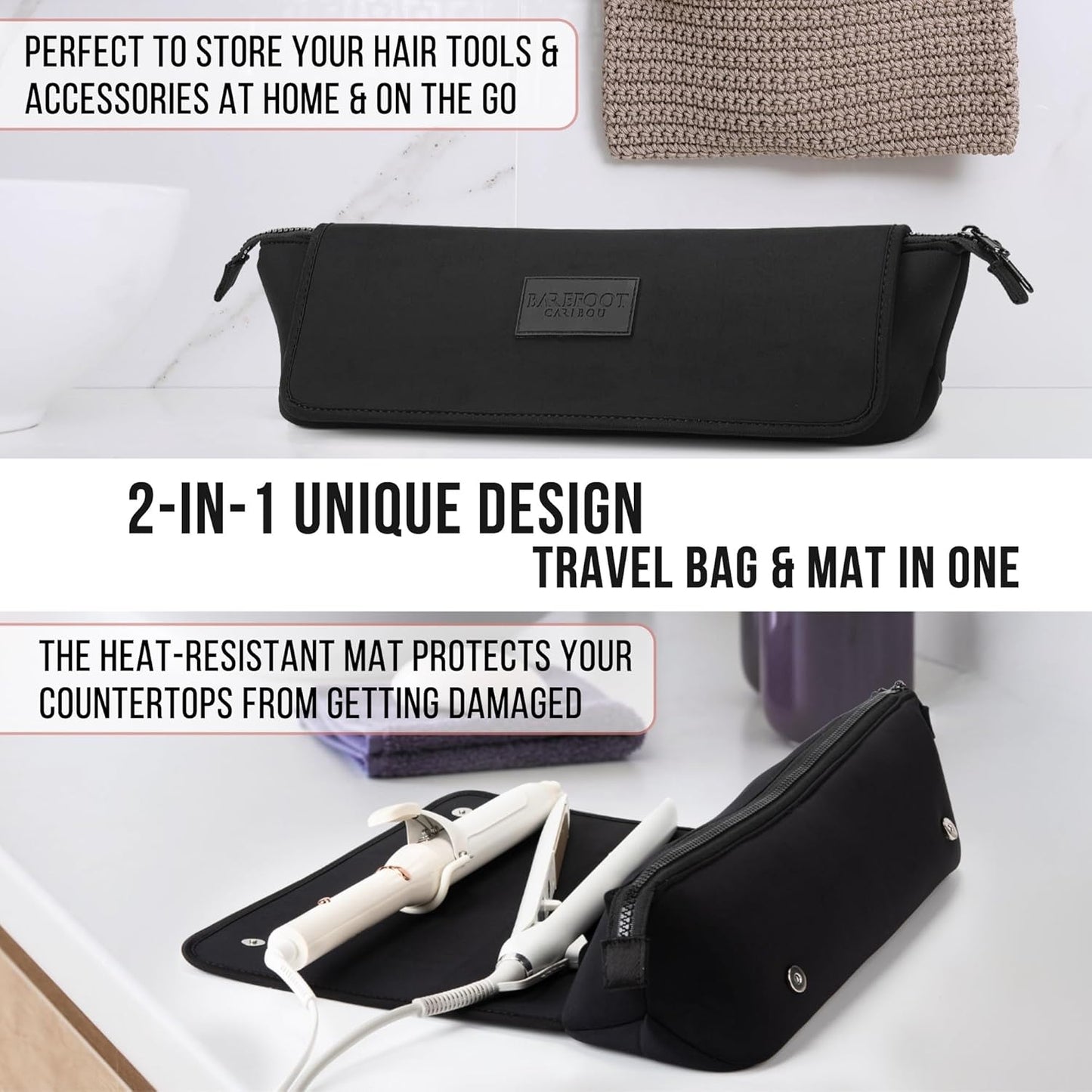 BAREFOOT CARIBOU Hair Tools Travel Bag and Heat Resistant Mat for Flat Irons, Straighteners, Curling Iron, and Haircare Accessories, 2-in-1 design, with Interior Pockets, Portable Organizer