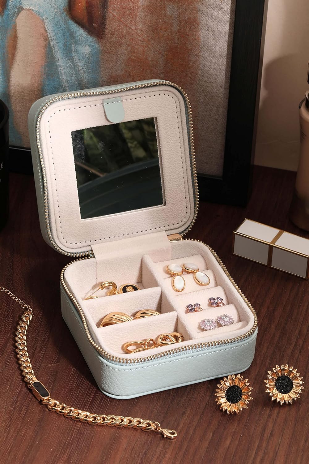 S.Leaf Travel Jewelry Organizer Boxes for Women Small Portable Necklace Earrings Bracelet Rings Travel Case Best Friend Birthday Gifts for Women Trendy (02_Lychee_Haze_Blue)