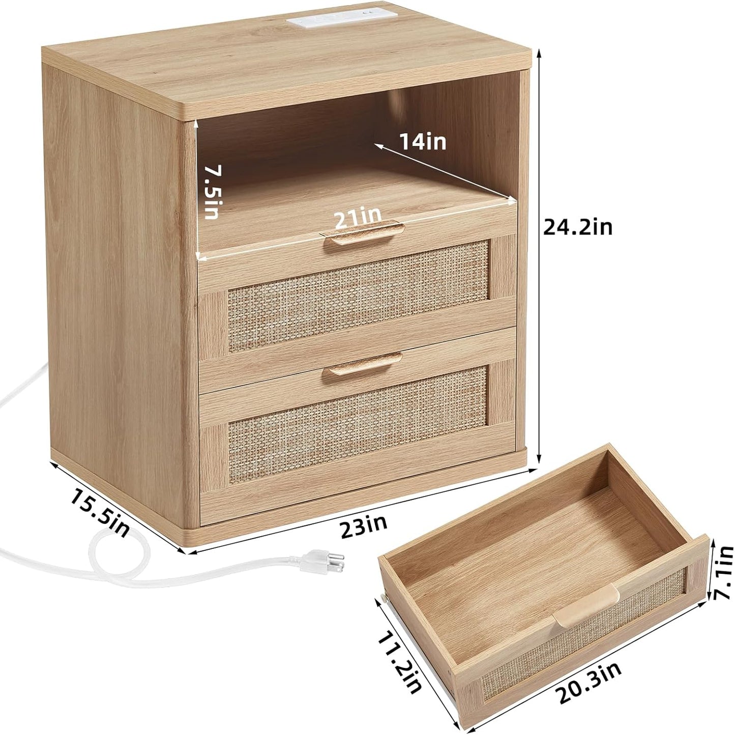 LEYAOYAO Rattan Nightstands Set of 2 with Charger Station, 23" Wide Boho Night Stand with 2 Drawers, Natural Wood Bedside Table Open Shlef, Bed Side End Table Dresser for Bedroom, Living Room Hallway