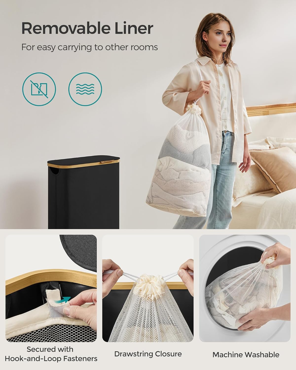 SONGMICS Laundry Hamper with Lid, Slim Laundry Basket, 17.2 Gallons (65L), Space-Saving, Removable Mesh Liner, Bamboo Handles, Collapsible, 16.5 x 8.9 x 27.8 Inches, Ink Black ULCB506B01