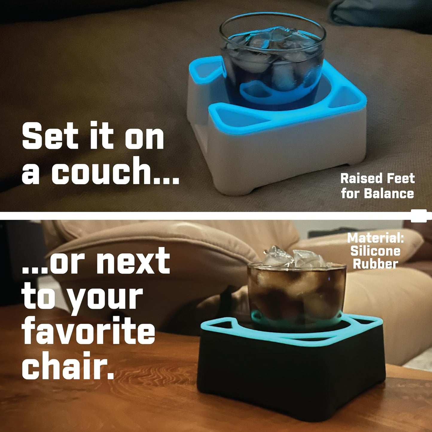 MugBrick Drink Holder for Couch, Bed, Car, Boat - Non-Spill Table and Desk Cup Holder, Tip Proof Spill Prevention Organizer, Black + Green Glow