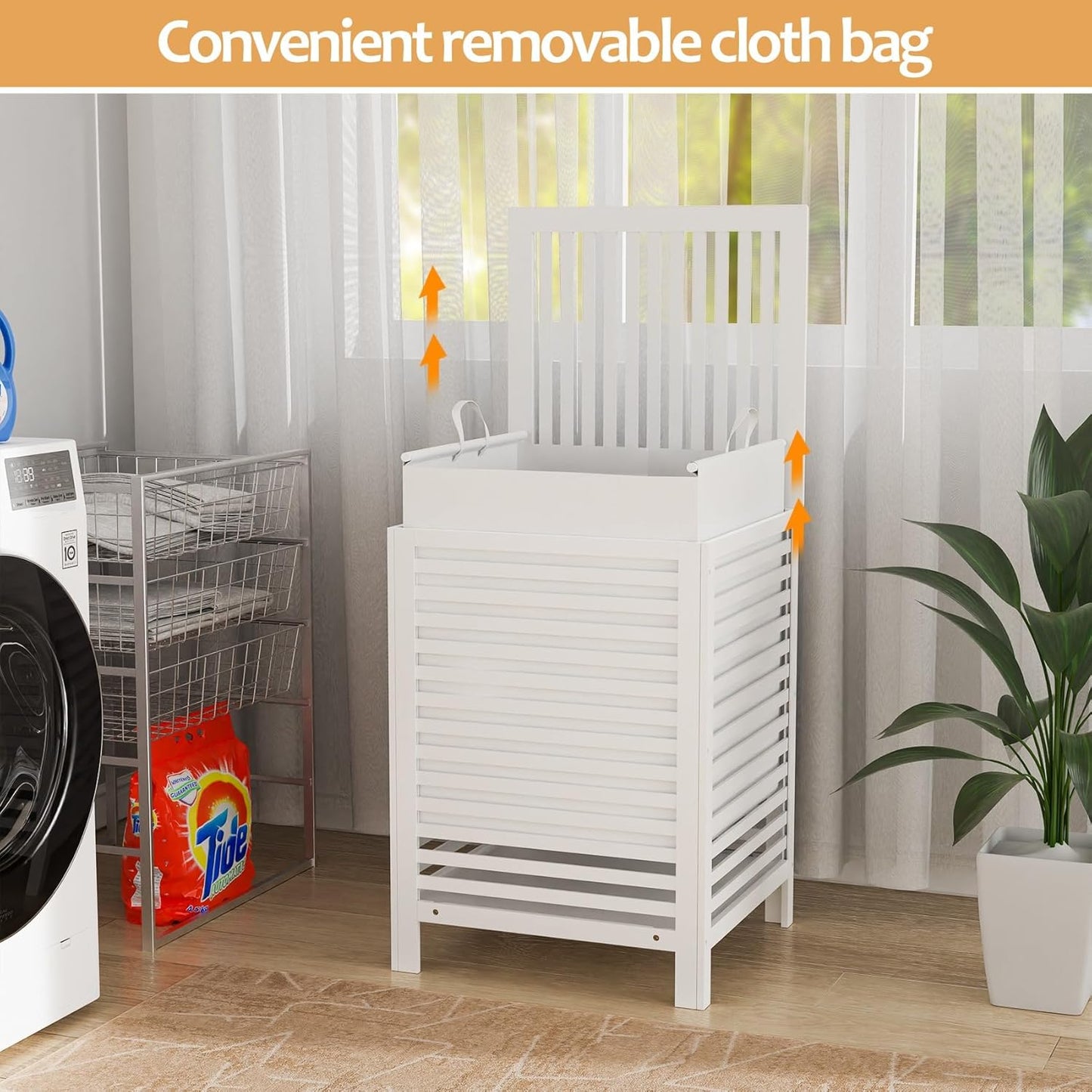 VASMIA Laundry Hamper with Lid, 90L Bamboo Large Laundry Basket with Removable Bag,Dirty Clothes Hamper for Bedroom Bathroom White