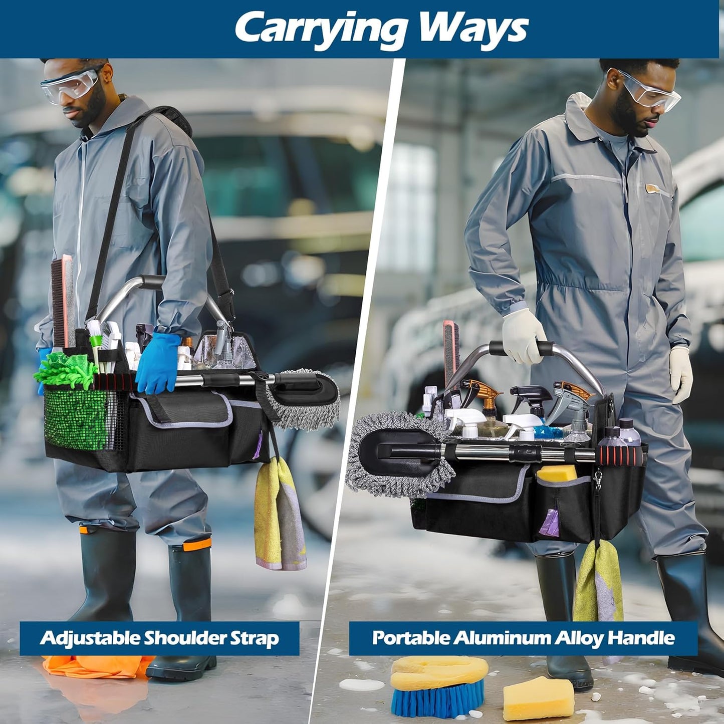 Wearable Detailing Caddy, Quick Load Collapsible Car Care Bag with Handle & Shoulder Strap, Detail Carry Organizer with Multi Pockets for Auto Cleaning Supplies & Vehicle Wash Tools, Bag Only