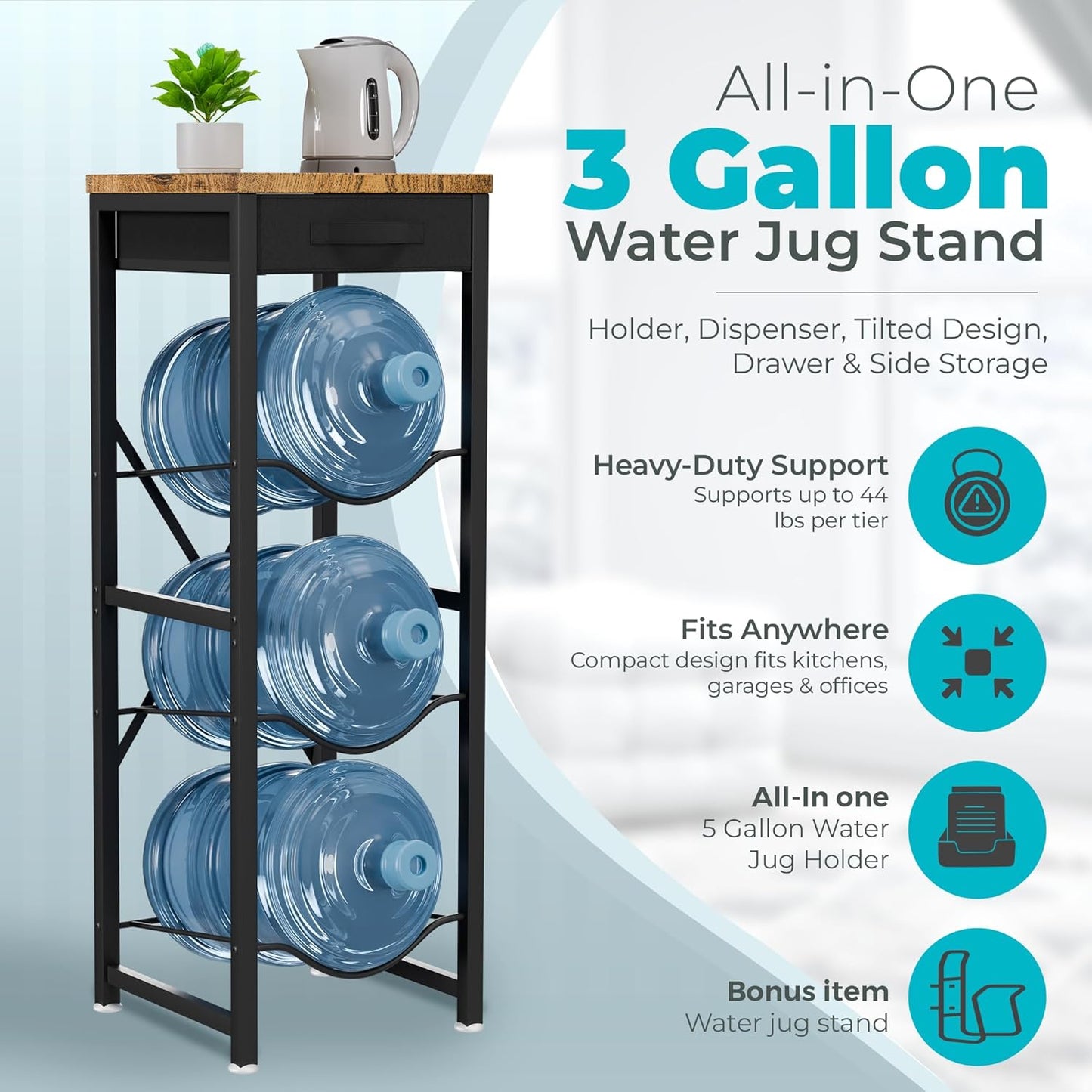 5 Gallon Water Jug Stand & Holder – 3-Tier Water Bottle Rack Organizer with Stainless Steel Stand, BPA-Free Fast-Flow Spout, Heavy-Duty Wood Top Shelf for Kitchen & Office